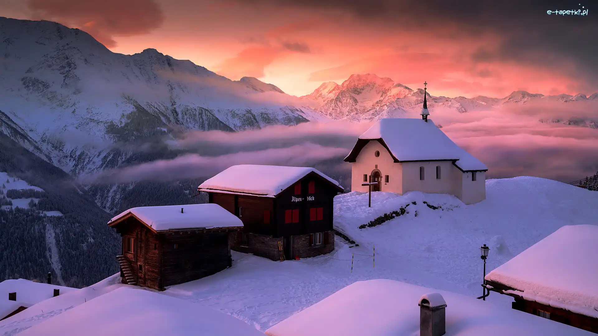 Bettmeralp, Góry, Szwajcaria, Wschód słońca, Domy, Kościółek, Kaplica, Zima, Alpy Pennińskie, Kanton Valais