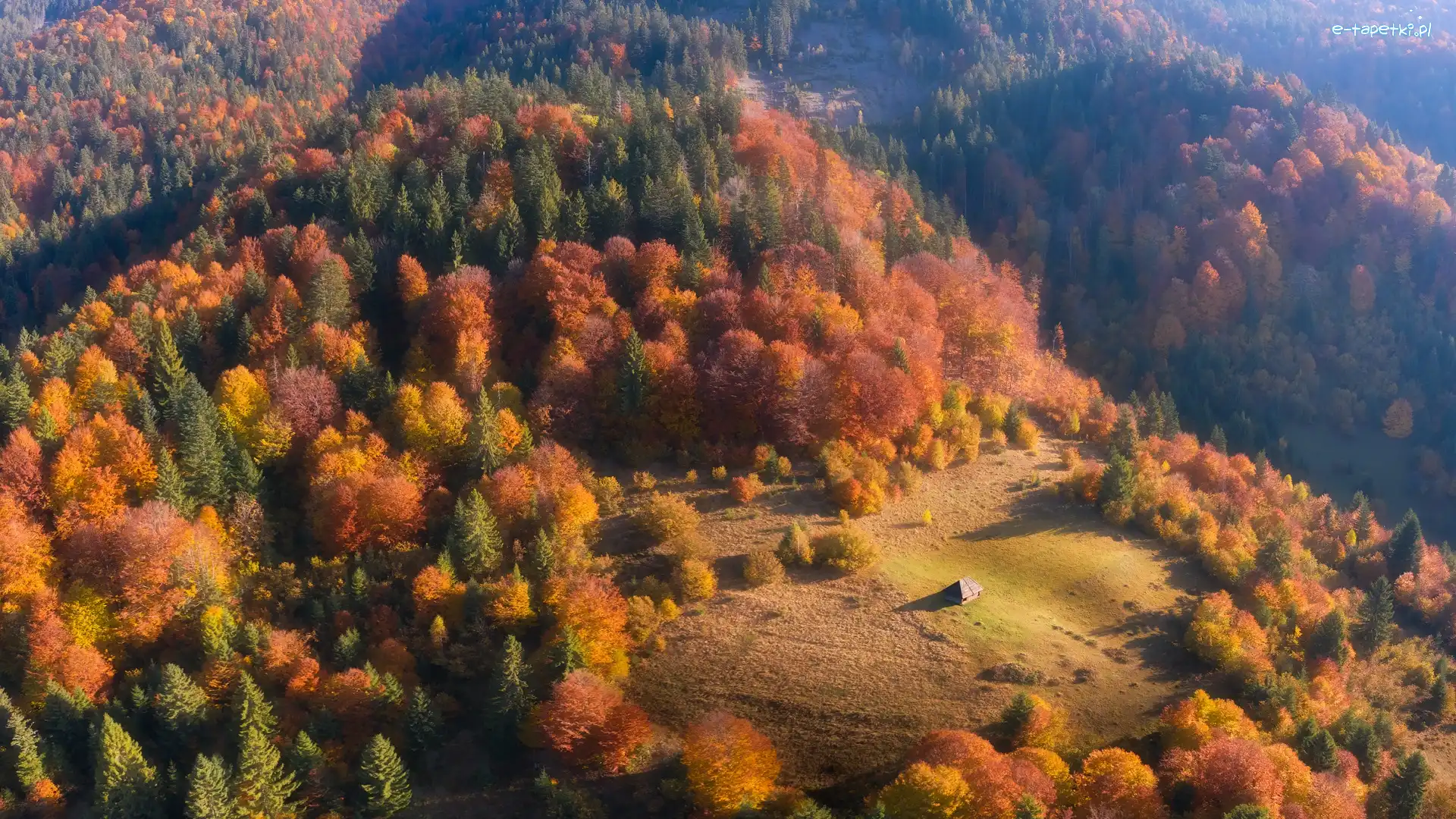 Góry, Drzewa, Dom, Jesień, Lasy, Wzgórza, Polana