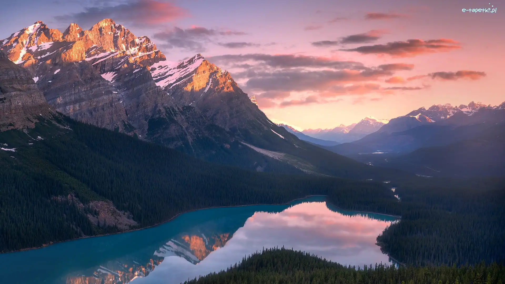 Canadian Rockies, Góry, Jezioro, Park Narodowy Banff, Kanada, Odbicie, Chmury, Peyto Lake, Lasy