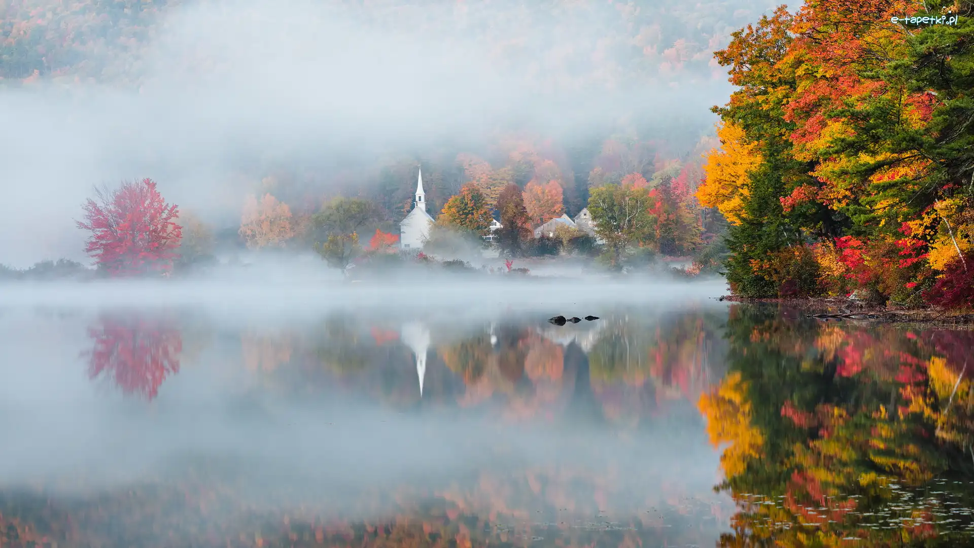 Eaton, Kolorowe, Stany Zjednoczone, Kościół, Mgła, Jezioro, Crystal Lake, Jesień, Drzewa, Stan New Hampshire