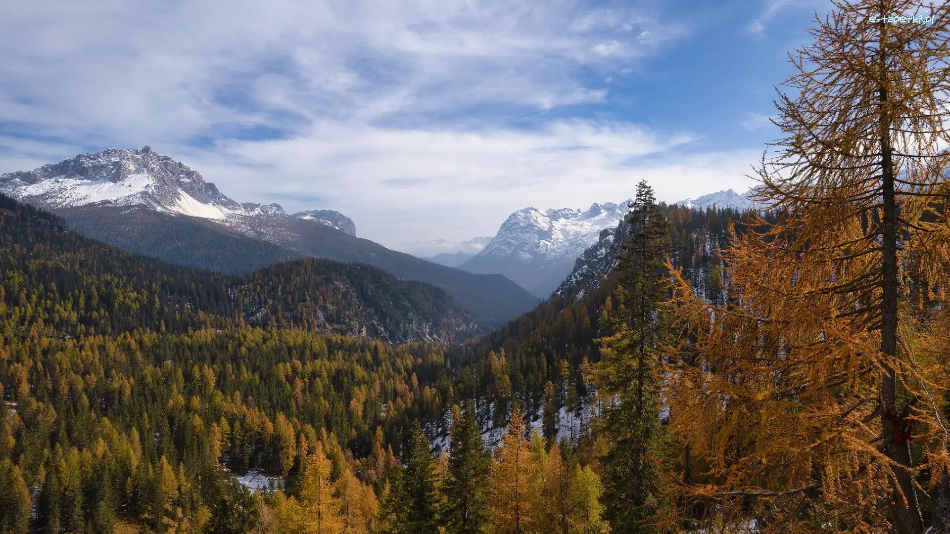 Jesień, Szczyty, Włochy, Drzewa, Dolomity, Dolina, Lasy, Ośnieżone, Góry, Południowy Tyrol