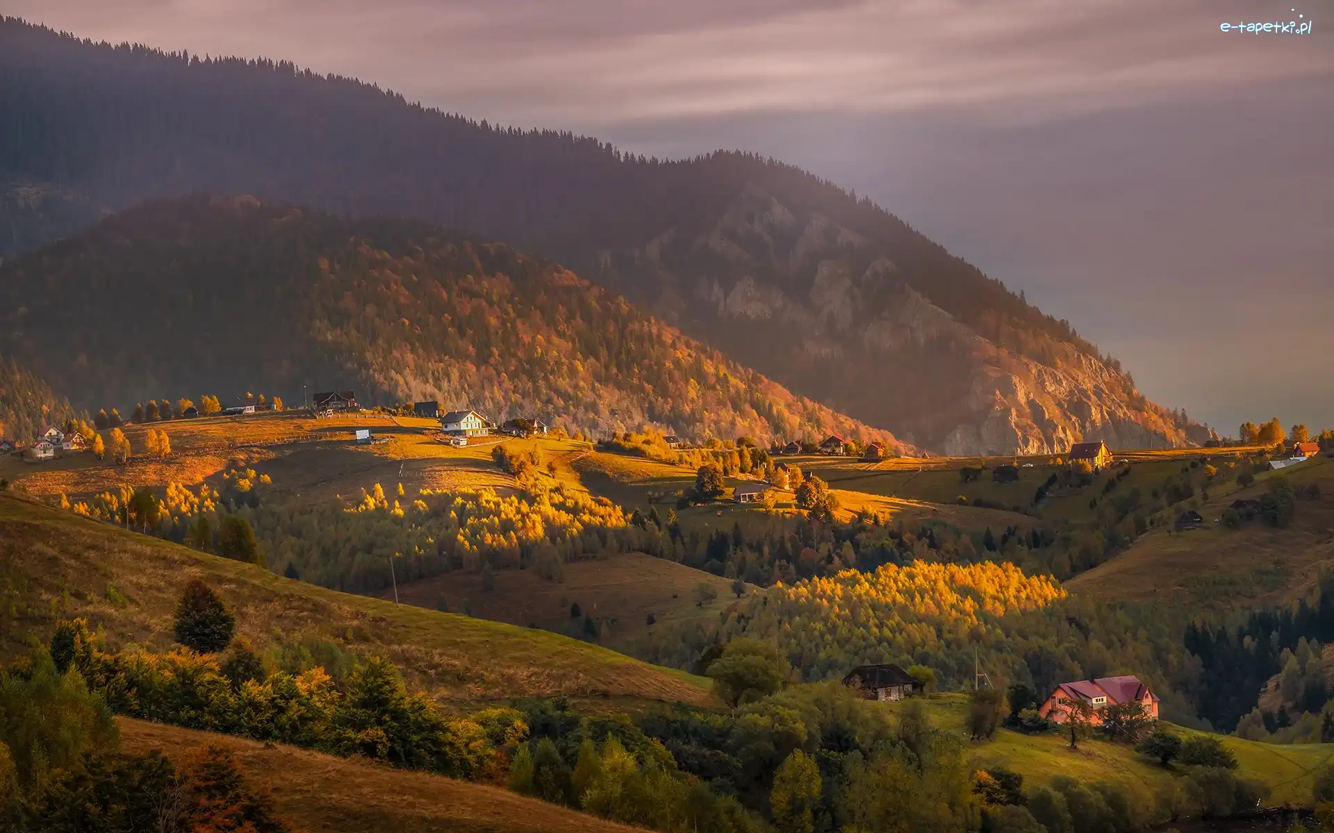 Wzgórza, Drzewa, Domy, Góry