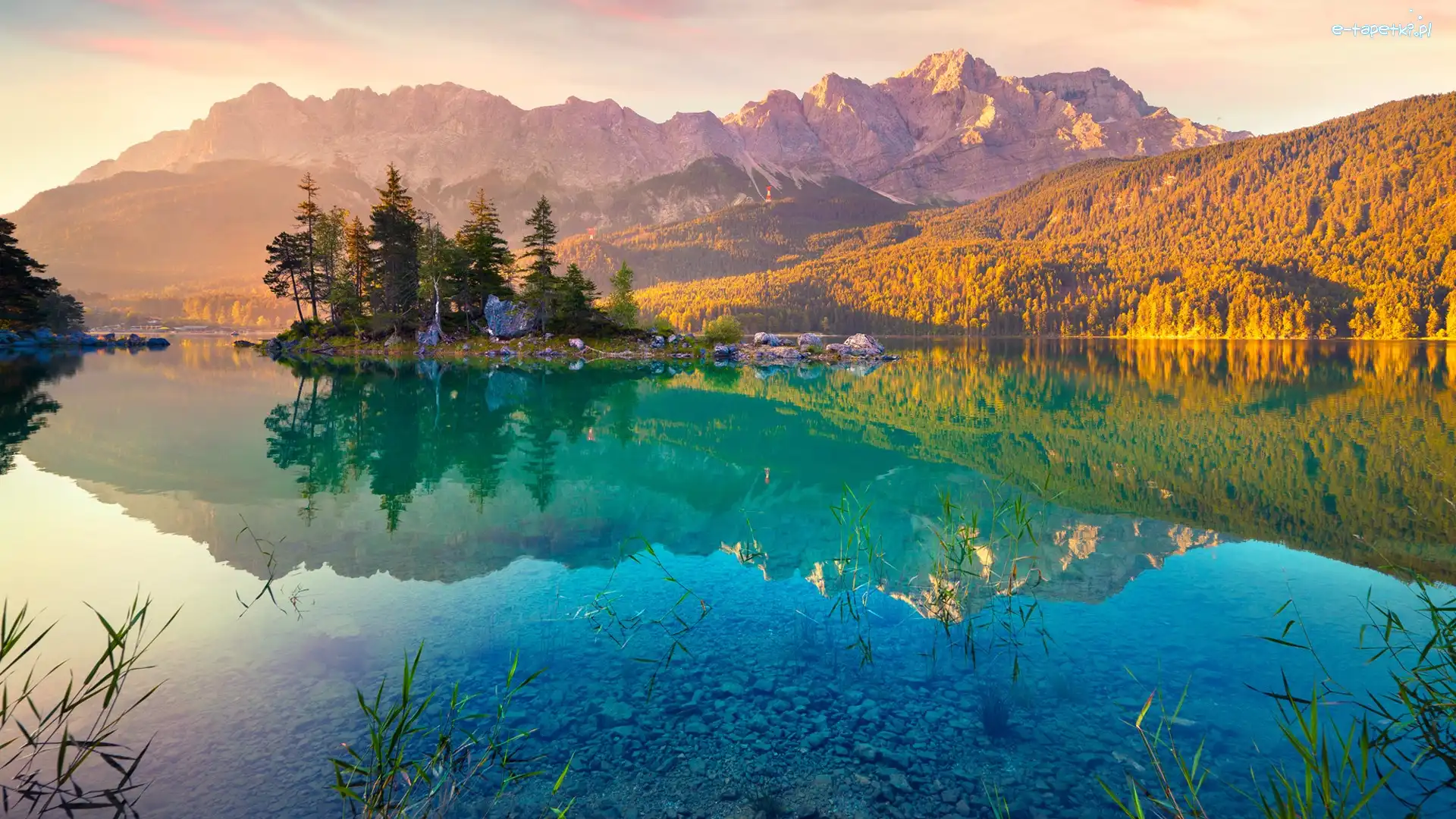 Niemcy, Jezioro Eibsee, Drzewa, Alpy Bawarskie, Góry, Bawaria, Odbicie