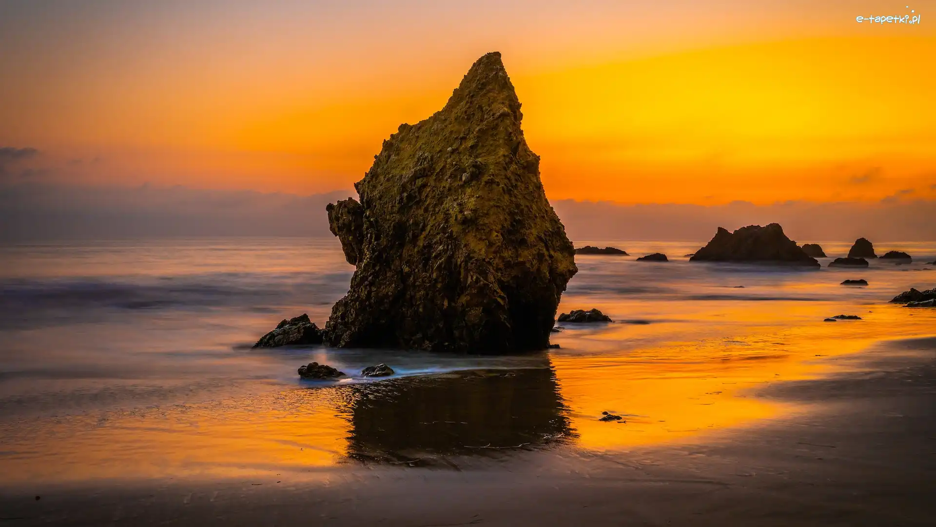 Stany Zjednoczone, Zachód słońca, Plaża El Matador, Skały, Morze, Kalifornia, Malibu
