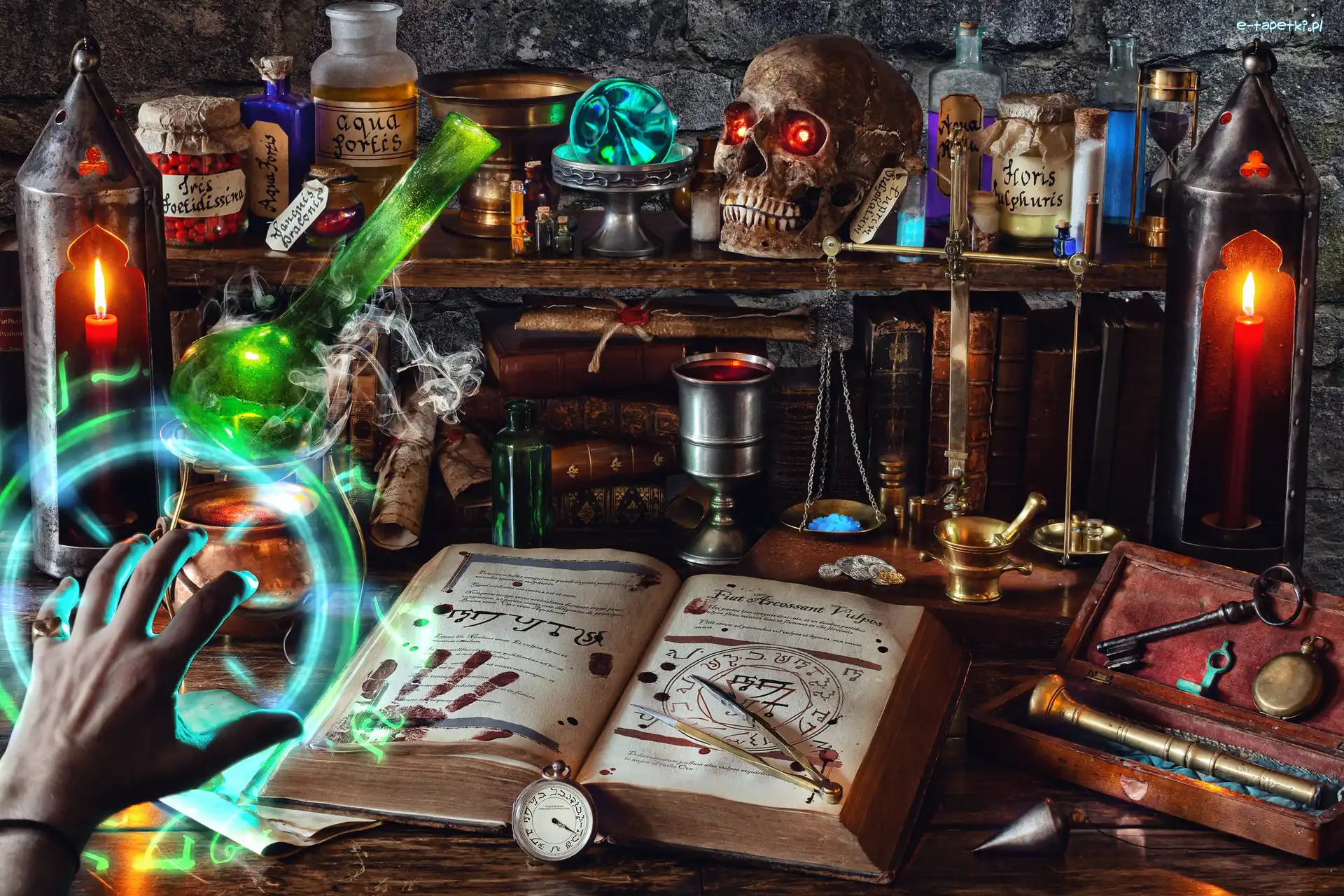 Zegarek, Czaszka, Dłoń, Alchemia, Kompozycja, Halloween, Świeca, Książka, Słoiki