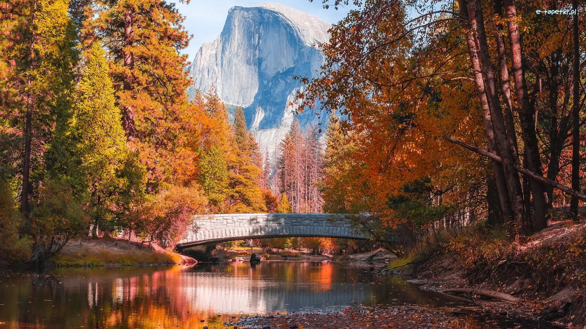 Most, Kalifornia, Jesień, Rzeka, Góry, Góra, Half Dome, Stany Zjednocznone, Park Narodowy Yosemite, Drzewa