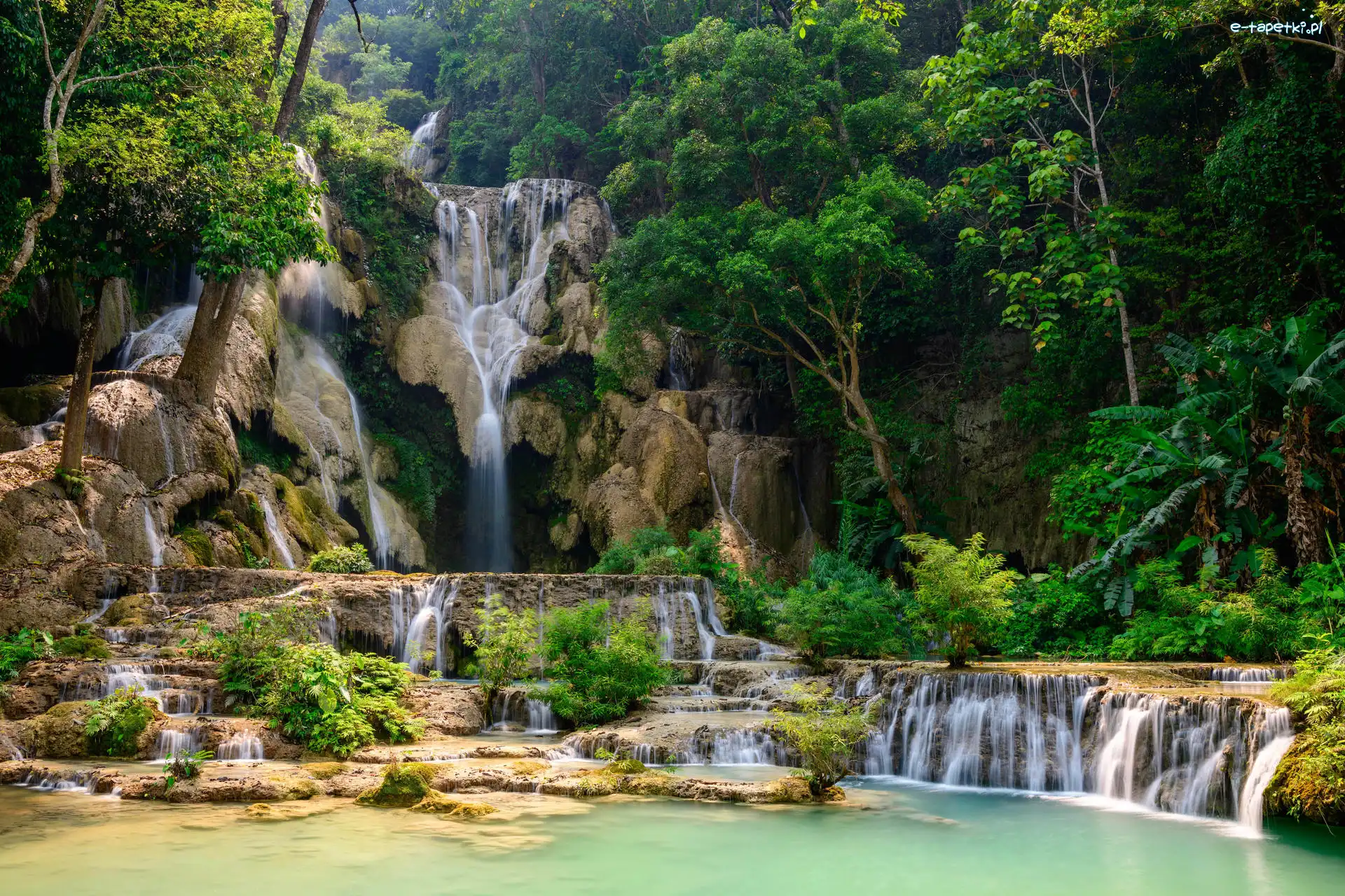 Laos, Drzewa, Skały, Las, Wodospad Kuang Si, Prowincja Louangphrabang, Kaskada