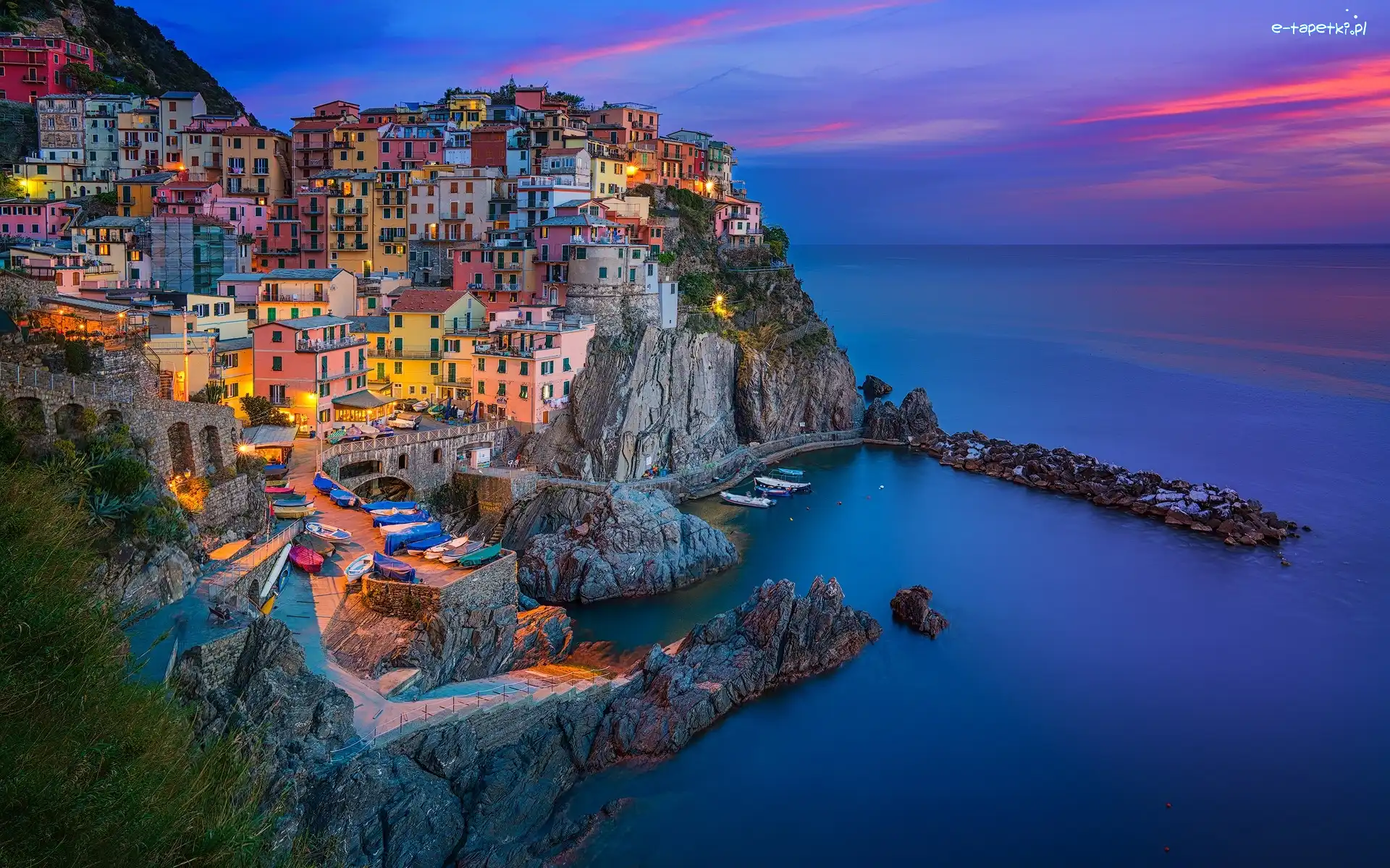 Morze Liguryjskie, Gmina Riomaggiore, Skały, Domy, Miejscowość Manarola, Cinque Terre, Kolorowe, Włochy