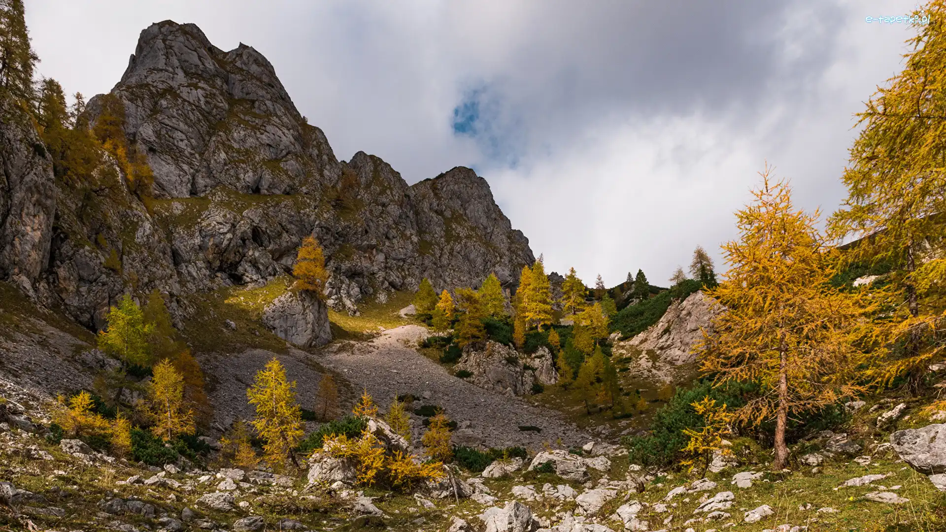 Drzewa, Kamienie, Jesień, Chmury, Skały, Góry