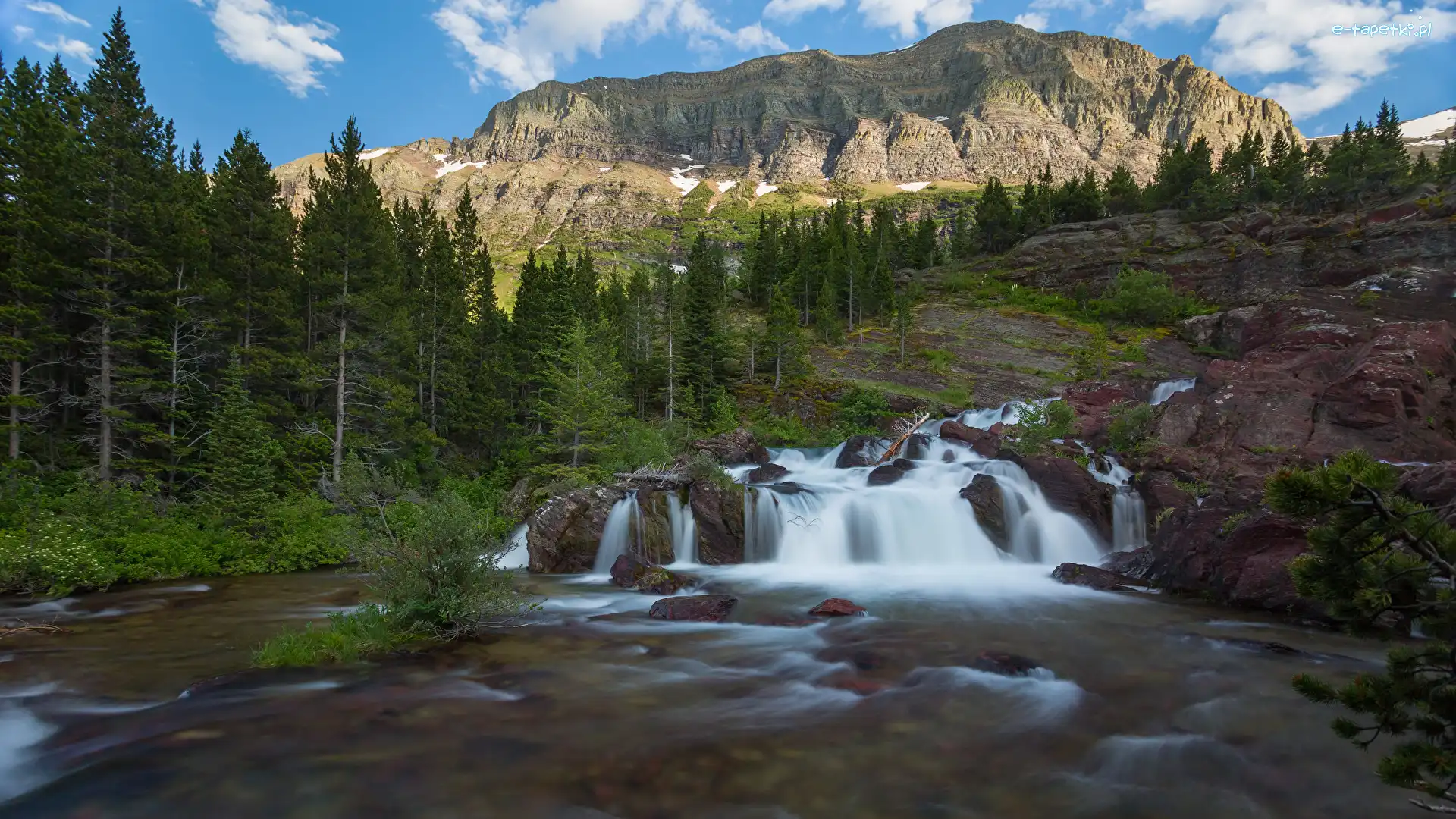 Rzeka, Skały, Lasy, Góry, Park Narodowy Glacier, Stany Zjednoczone, Montana, Drzewa, Chmury