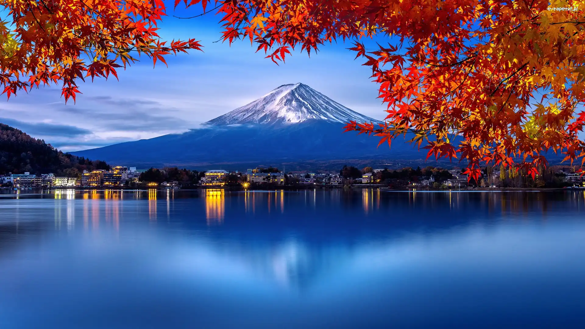 Jezioro, Góra Fudżi, Liście, Klon, Stratowulkan, Lake Kawaguchi, Drzewa, Japonia