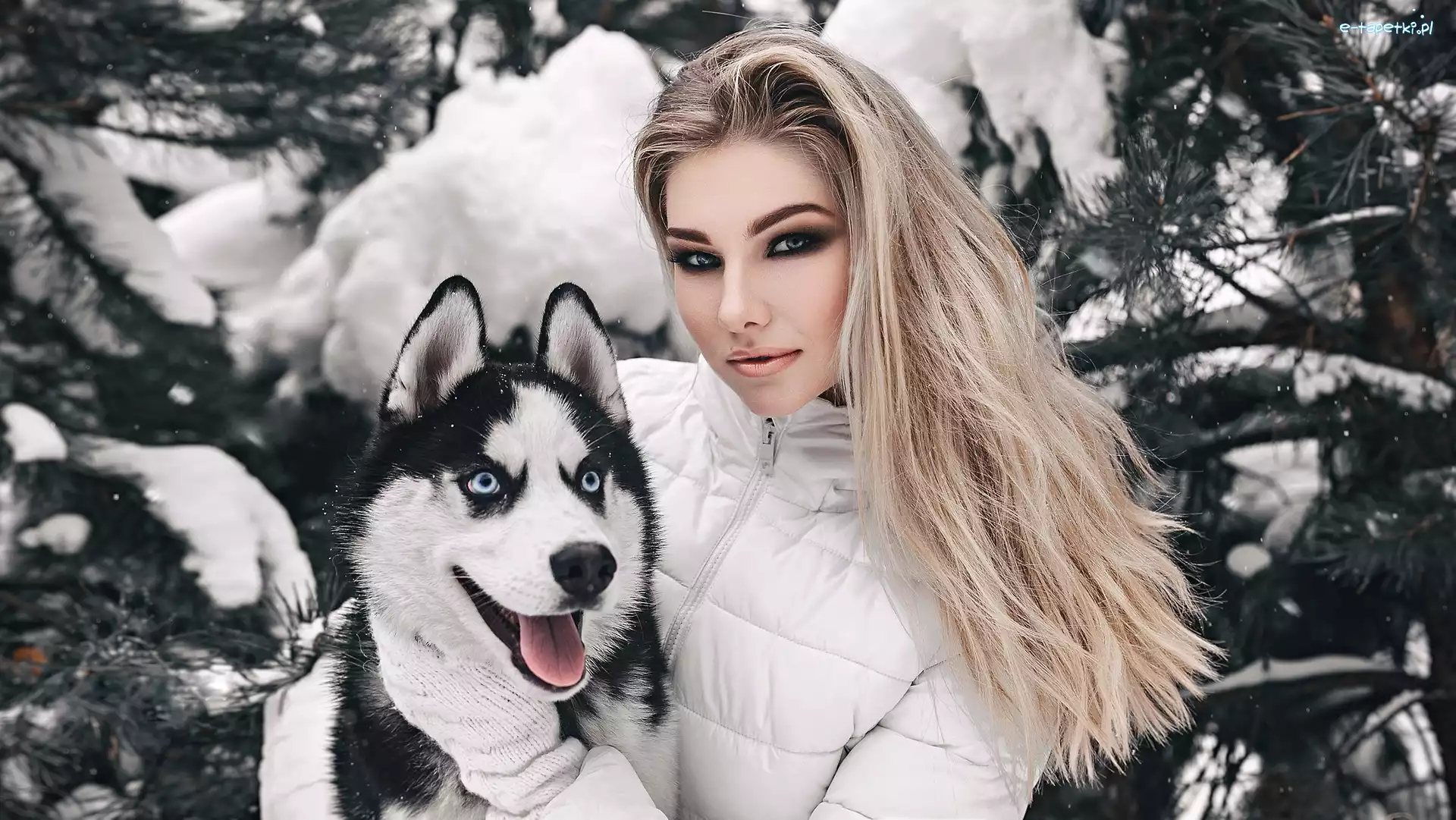 Zima, Pies, Siberian husky, Śnieg, Blondynka, Dziewczyna