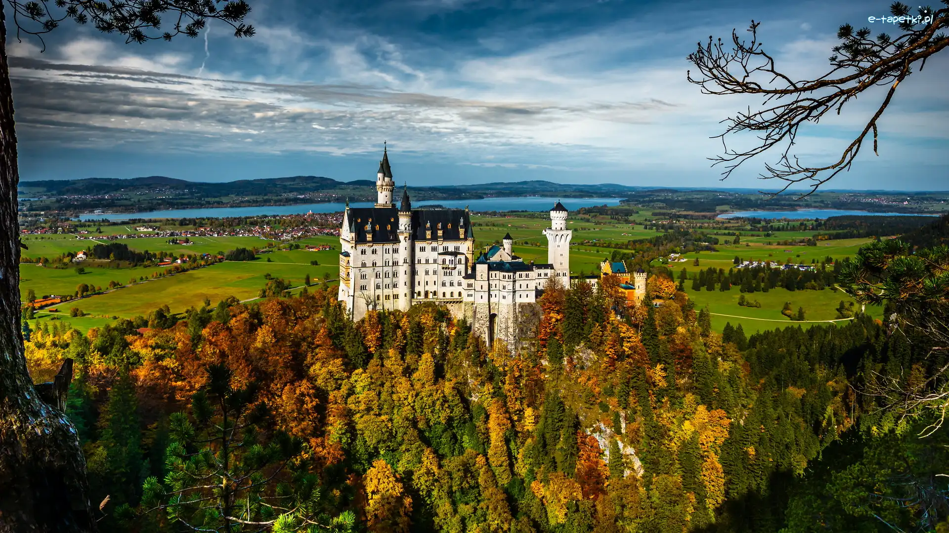Zamek Neuschwanstein, Wzgórze, Niemcy, Bawaria, Lasy, Drzewa, Pola, Jesień