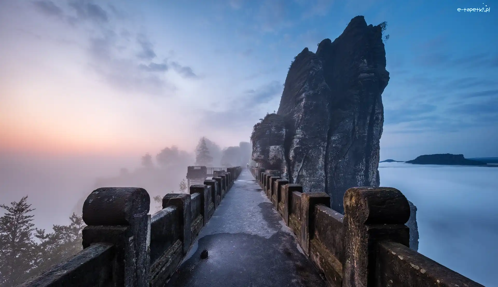 Niemcy, Skały, Formacja Bastei, Most, Poranek, Park Narodowy Saskiej Szwajcarii, Mgła