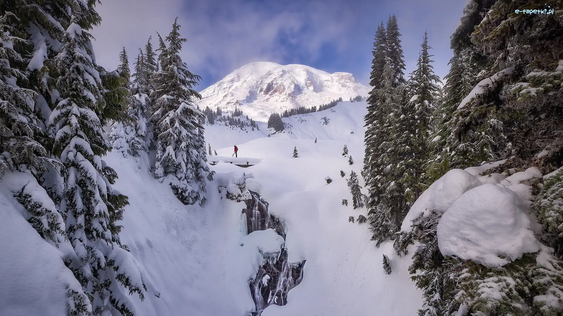 Góry, Zaśnieżony, Góra, Myrtle Falls, Stany Zjednoczone, Park Narodowy Mount Rainier, Drzewa, Stan Waszyngton, Zima, Wodospad, Mount Rainier