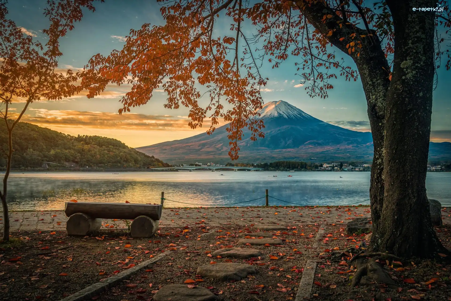 Liście, Góra Fudżi, Chmury, Lake Kawaguchi, Japonia, Brzeg, Ława, Wyspa Honsiu, Drzewa, Jezioro, Jesień