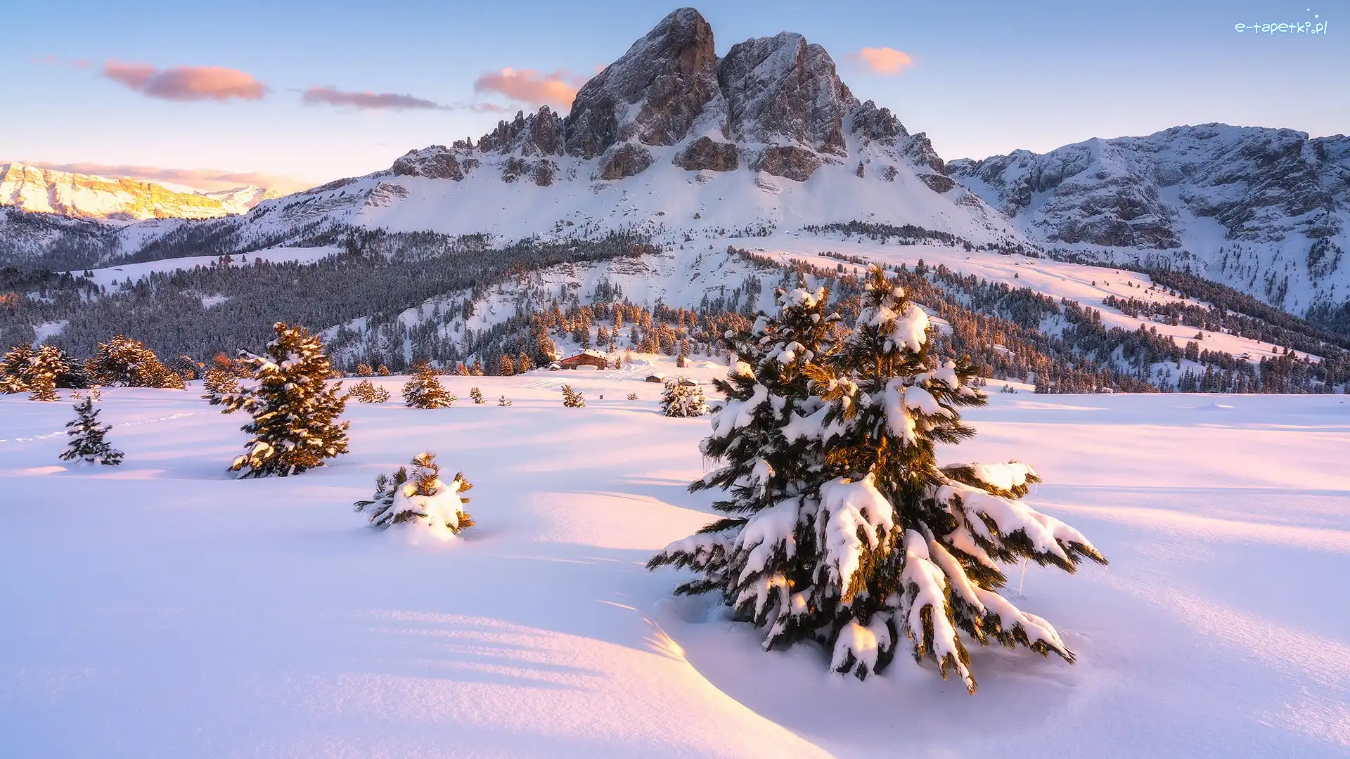 Zima, Dolomity, Włochy, Drzewa, Przełęcz, Passo delle Erbe, Śnieg, Góry, Góra Peitlerkofel, Południowy Tyrol