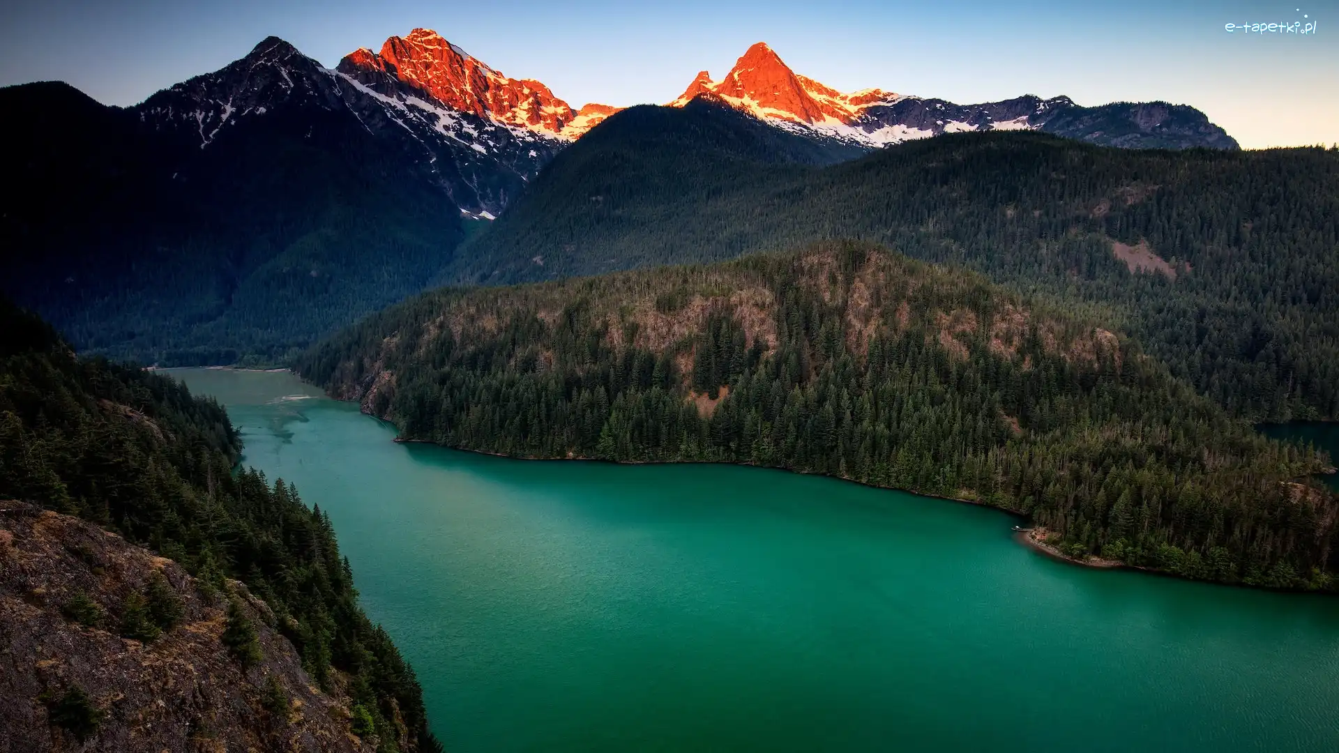 Szczyty, Rozświetlone, Park Narodowy Północnych Gór Kaskadowych, Stan Waszyngton, Stany Zjednoczone, Las, Diablo Lake, Góry, Jezioro