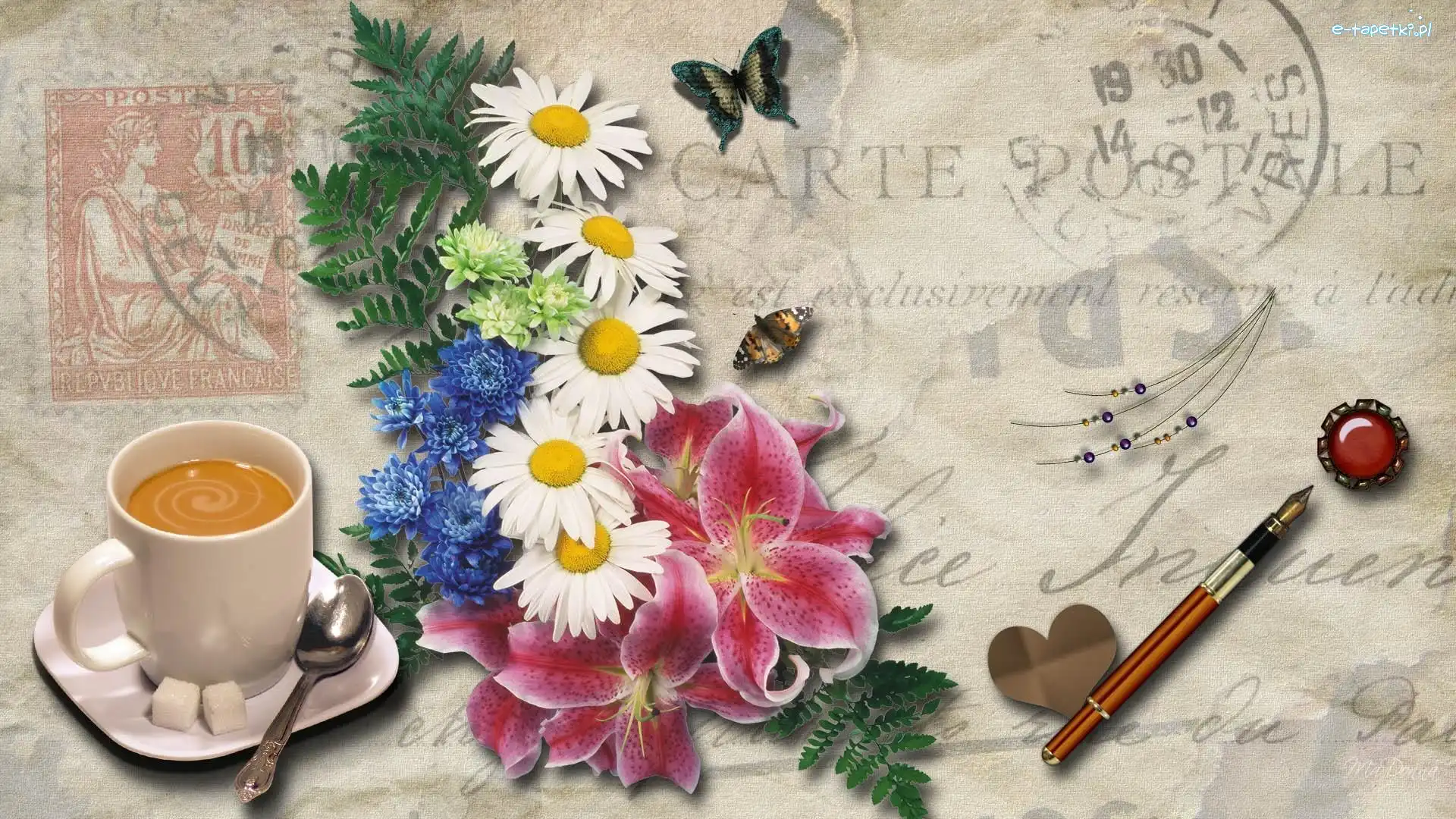 Pióro, Długopis, Kwiaty, Kawa, Filiżanka, 2D, Motyl, Lilie, Stempel