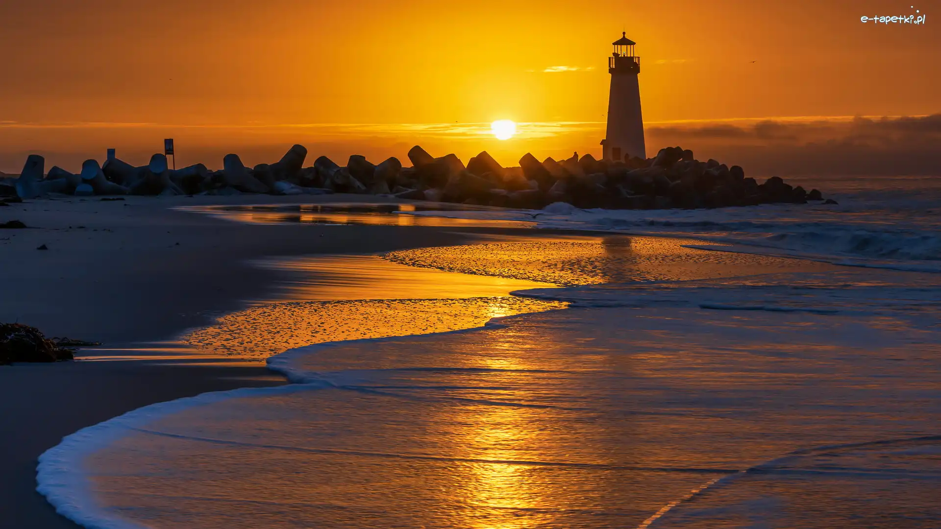 Santa Cruz, Morze, Stany Zjednoczone, Seabright State Beach, Latarnia morska, Walton Lighthouse, Plaża, Wschód słońca, Skały, Kalifornia