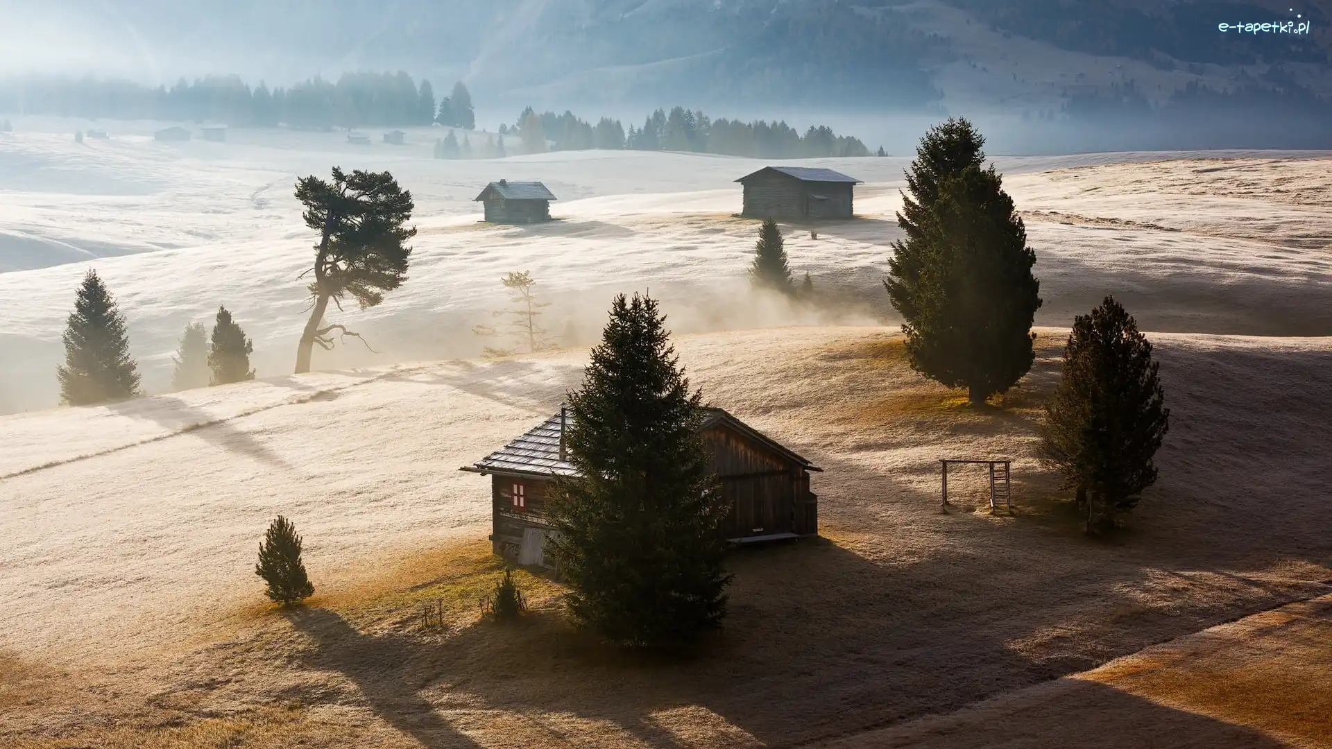 Drewniane, Dolomity, Dolina Val Gardena, Płaskowyż Seiser Alm, Włochy, Mgła, Drzewa, Góry, Domki