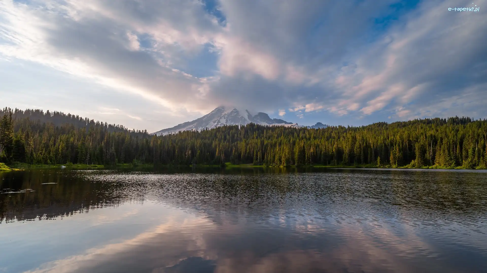 Drzewa, Stratowulkan, Stany Zjednoczone, Park Narodowy Mount Rainier, Jezioro, Reflection Lake, Chmury, Góra, Mount Rainier, Stan Waszyngton