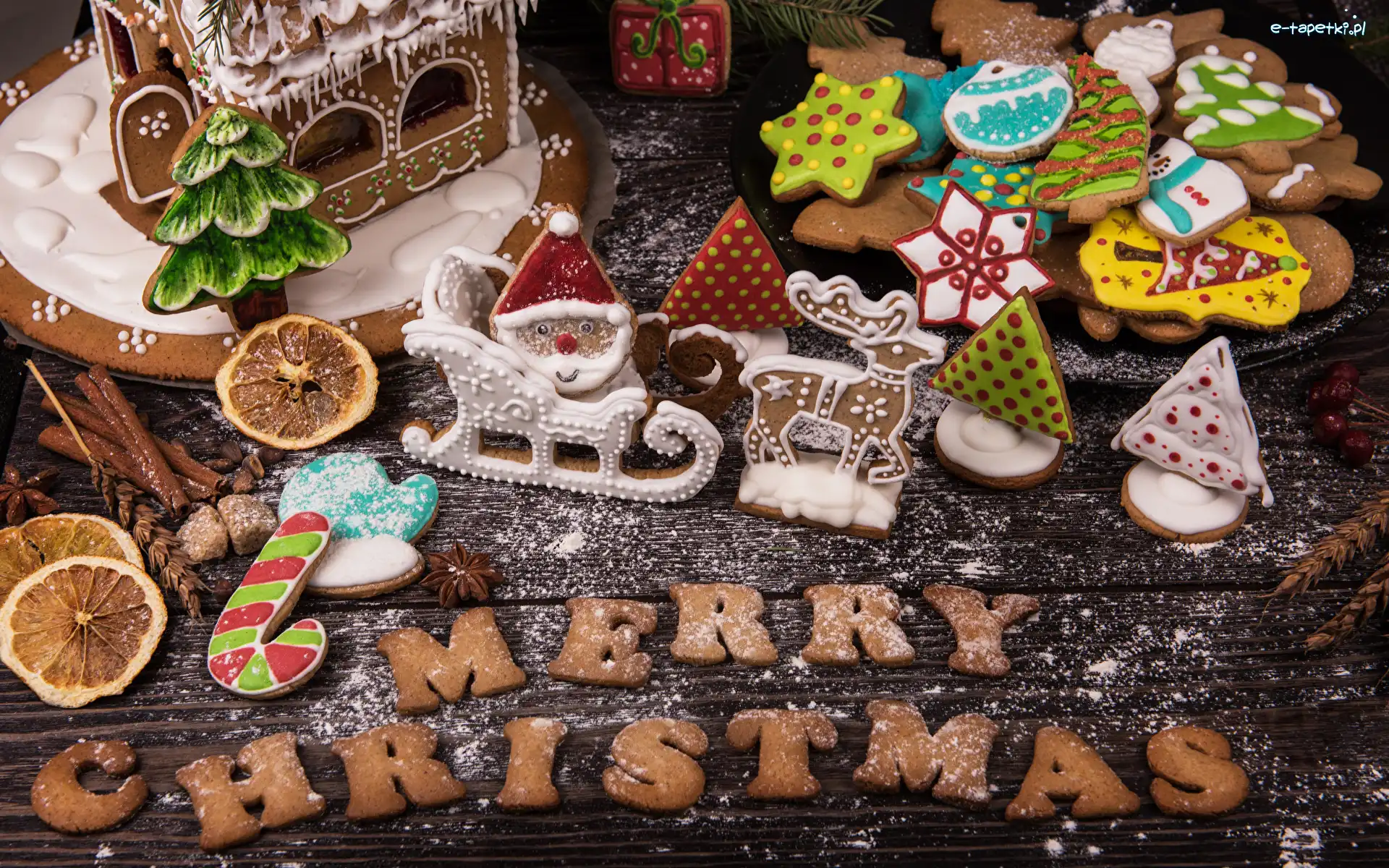 Sanie, Ciasteczka, Merry Christmas, Napis, Pierniczki, Renifer, Choinka, Świąteczne