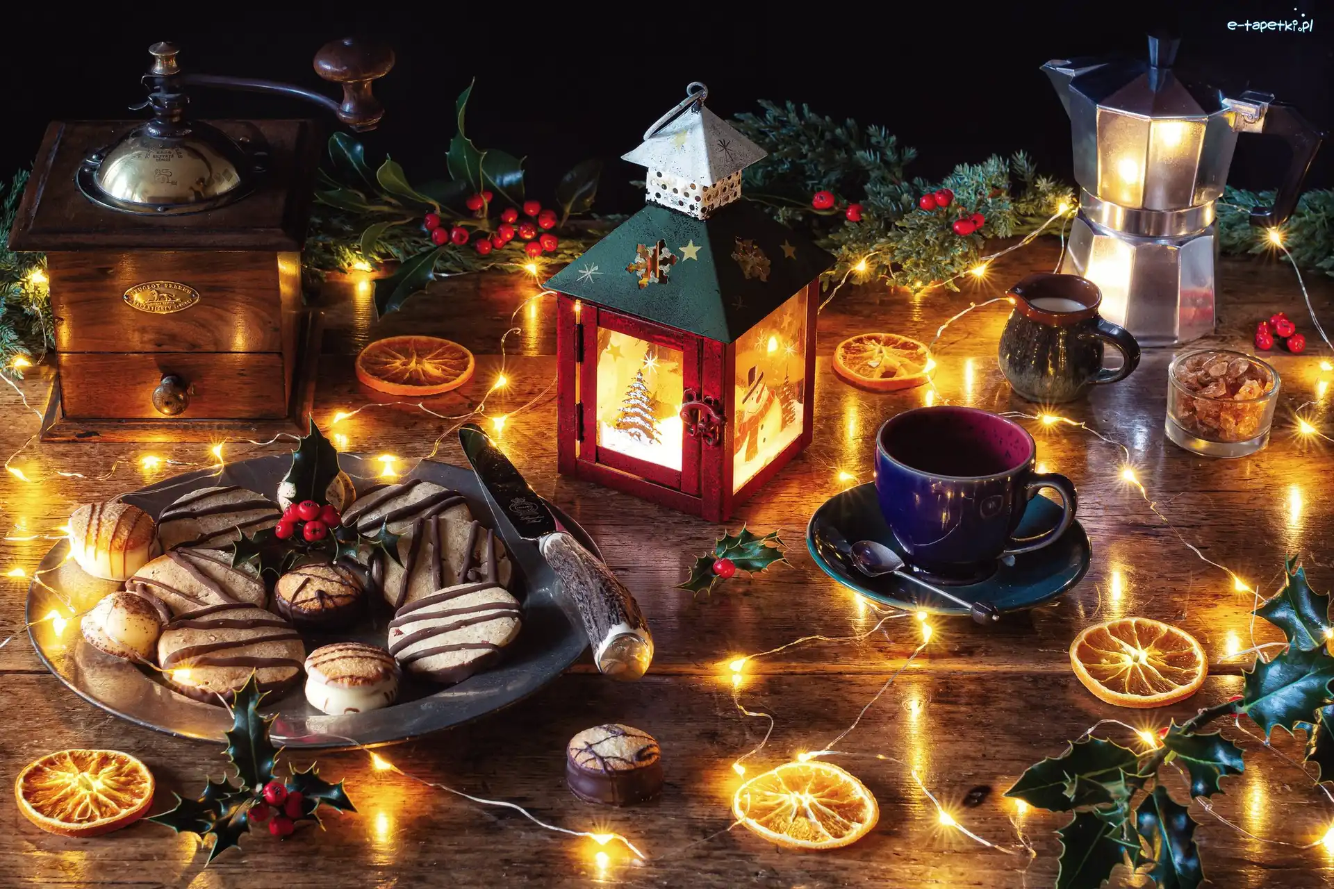 Kawiarka, Ciastka, Filiżanka, Światełka, Młynek, Lampion