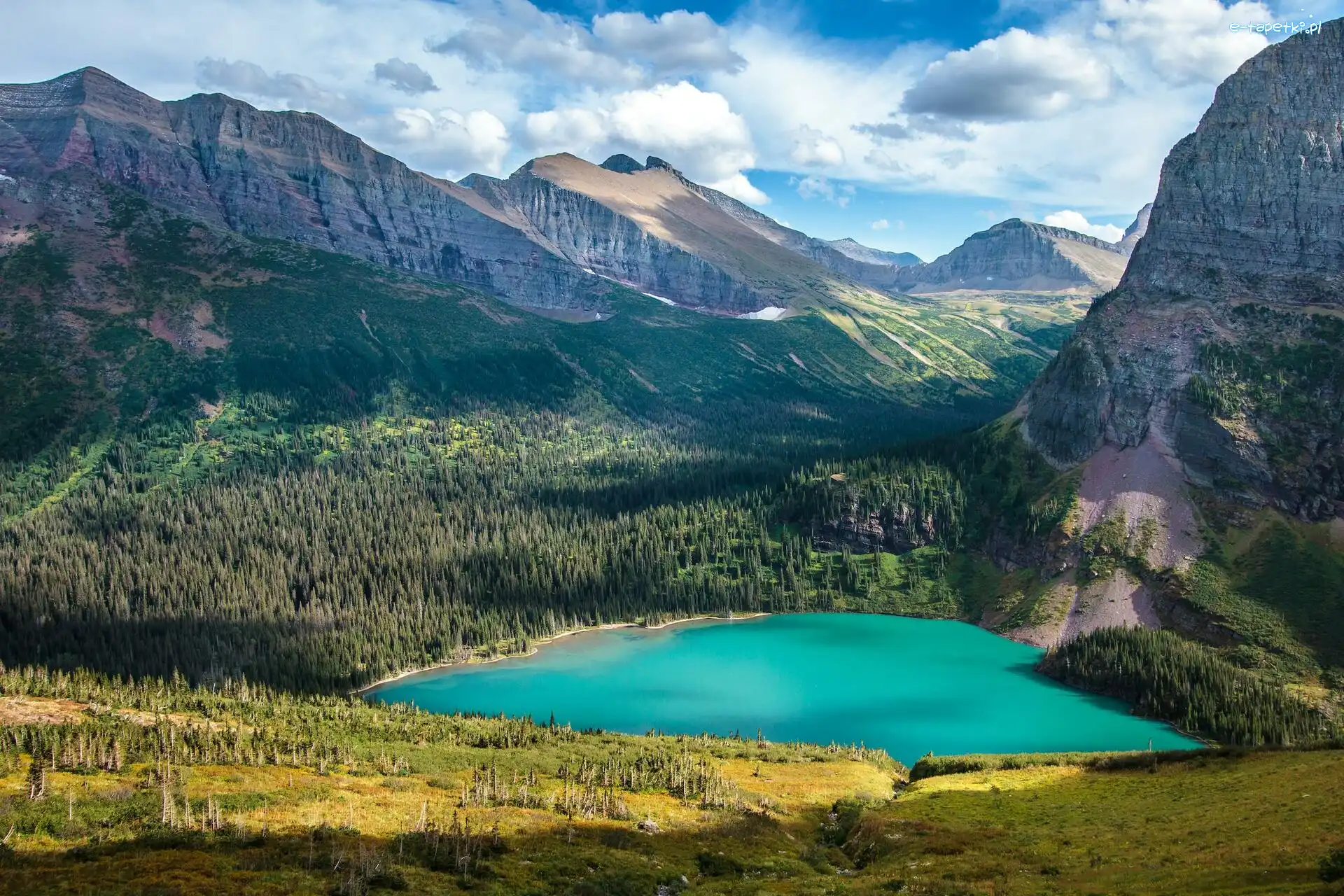 Lasy, Drzewa, Grinnell Lake, Jezioro, Park Narodowy Glacier, Stany Zjednoczone, Montana, Góry, Chmury