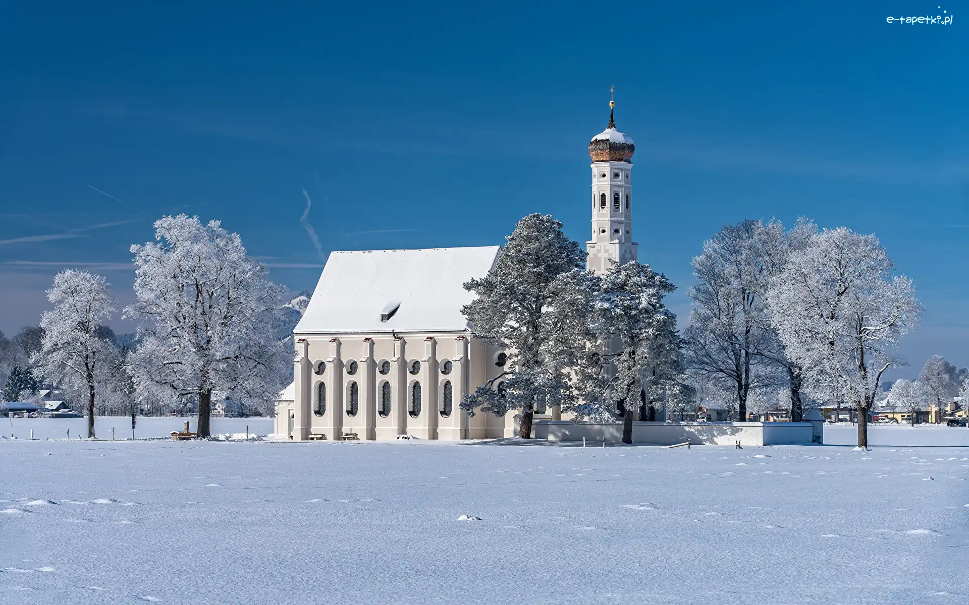 Eglise Saint Coloman, Kościół, Alpy, Góry, Zima, Niemcy, Bawaria, Drzewa, Region Allgau
