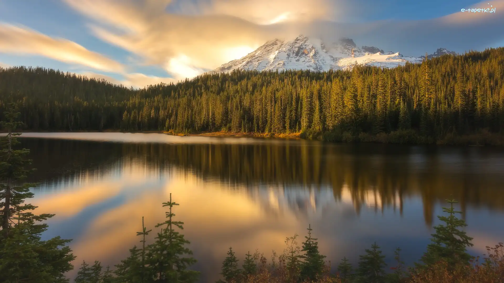 Jezioro, Odbicie, Drzewa, Park Narodowy Mount Rainier, Stratowulkan Munt Rainier, Stany Zjednoczone, Stan Waszyngton, Chmury, Bench Lake