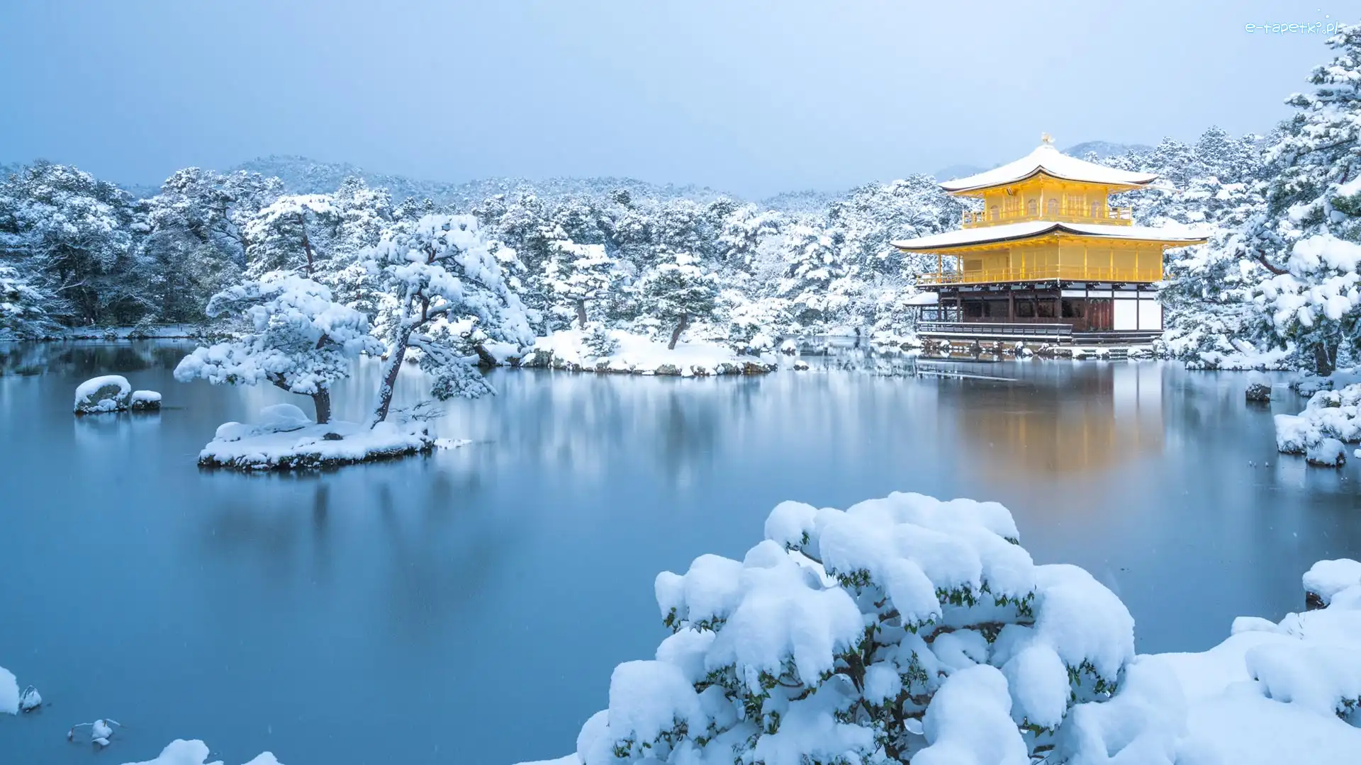 Japonia, Złoty Pawilon, Staw Kyko chi, Świątynia Kinkakuji, Zima, Kioto, Drzewa