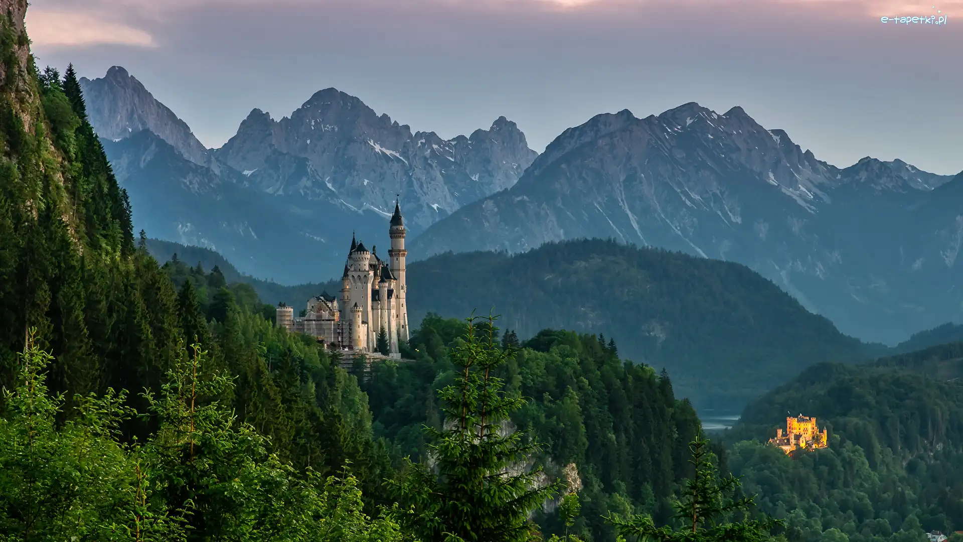 Alpy, Bawaria, Drzewa, Lasy, Góry, Zamek Neuschwanstein, Zamek Hohenschwangau, Niemcy