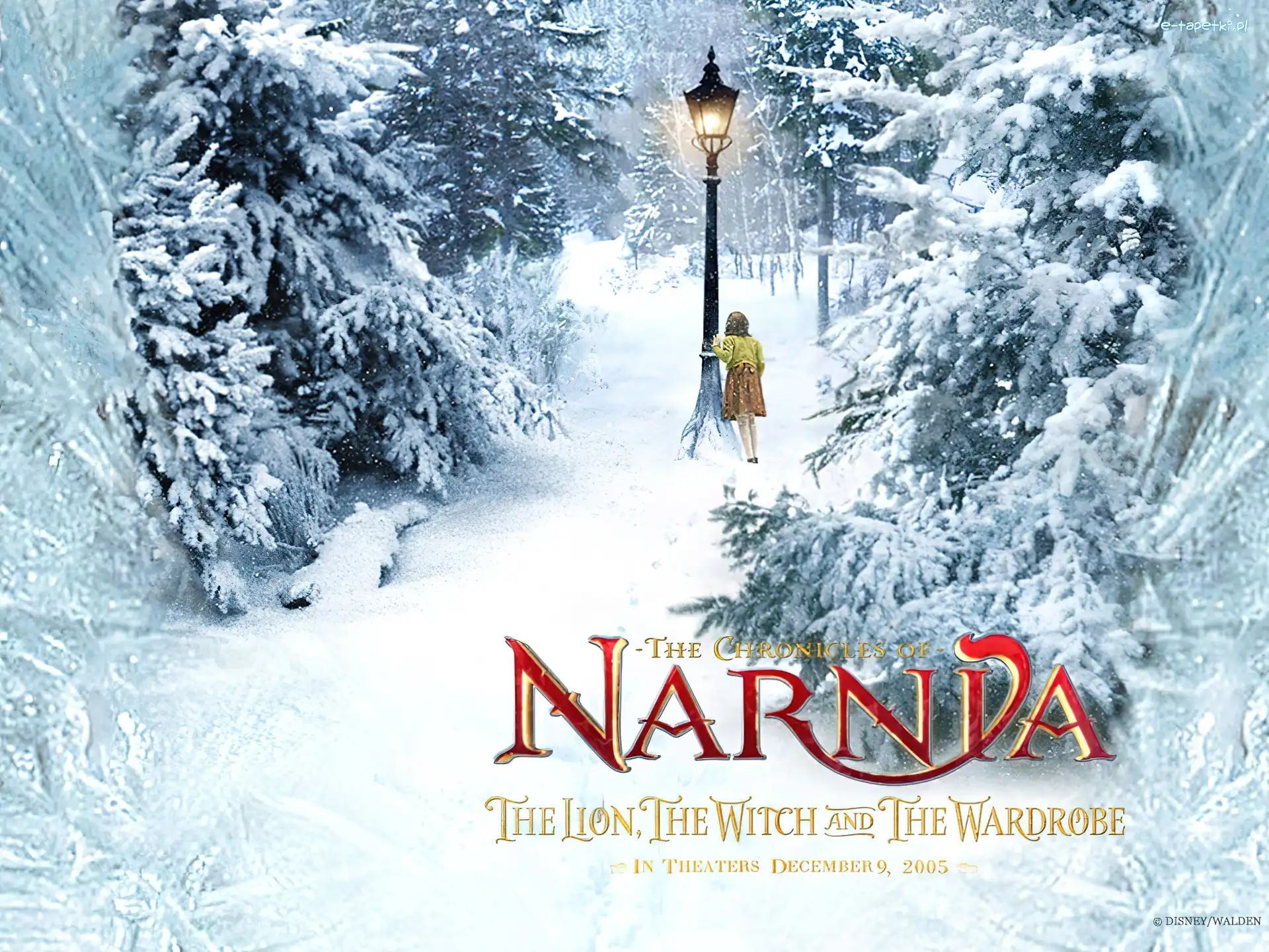zima, dziewczynka, choinki, napis, latarnia, The Chronicles Of Narnia