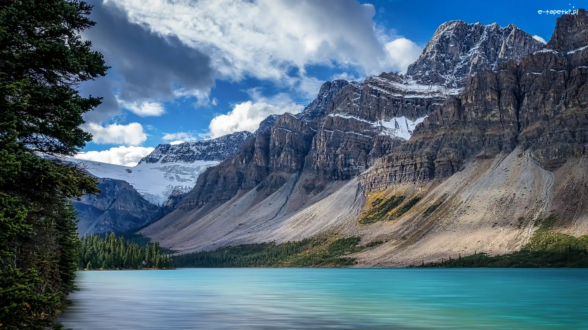 Bow Lake, Jezioro, Crowfoot Mountain, Góra, Góry, Alberta, Kanada, Drzewa, Park Narodowy Banff