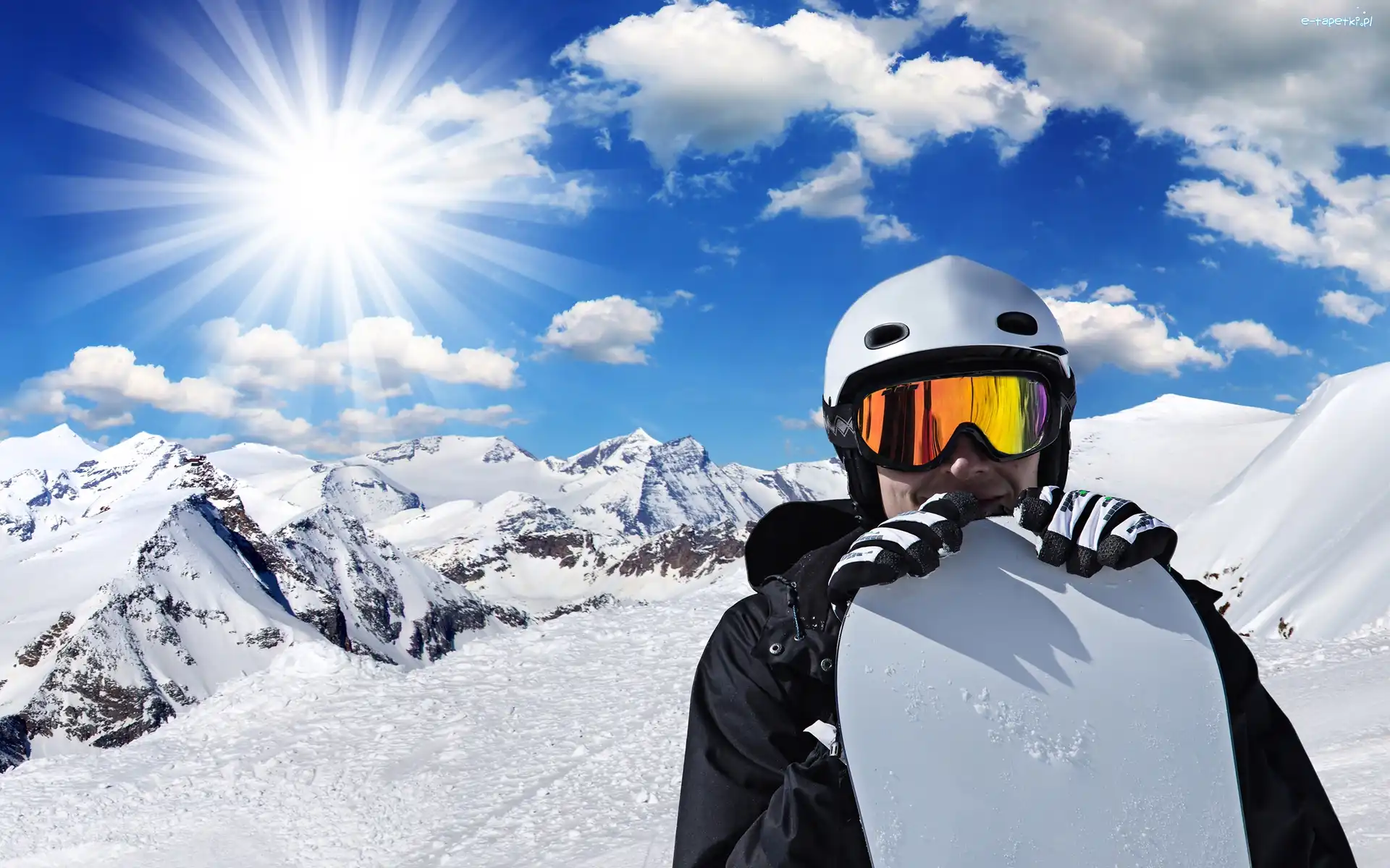 Zima, Snowboarding, Sport, Góry, Mężczyzna, Chmury, Promienie słońca