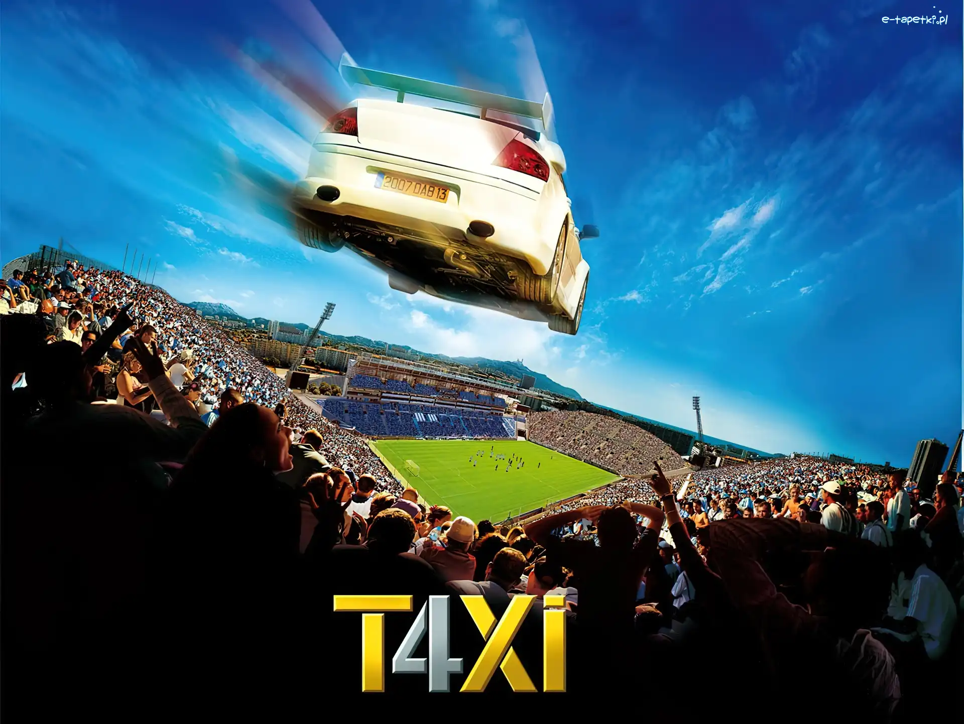 Taxi 4, stadion, samochód, kibice, mecz