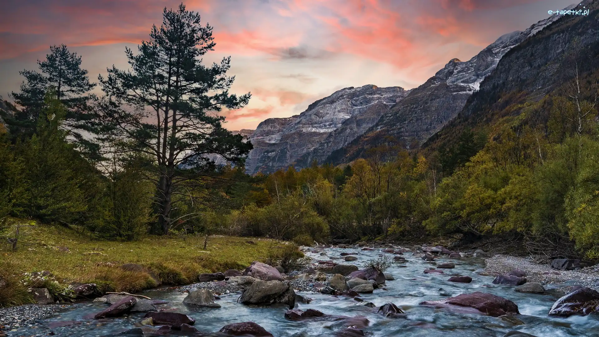 Hiszpania, Park Narodowy Ordesa y Monte Perdido, Drzewa, Kamienie, Rzeka Piedra, Pireneje Aragońskie, Góry