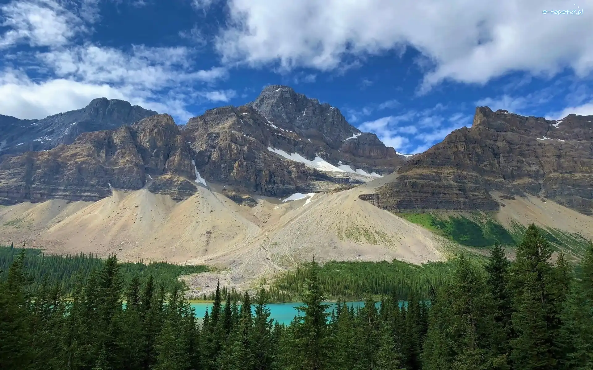 Góry, Alberta, Drzewa, Bow Lake, Park Narodowy Banff, Canadian Rockies, Jezioro, Kanada