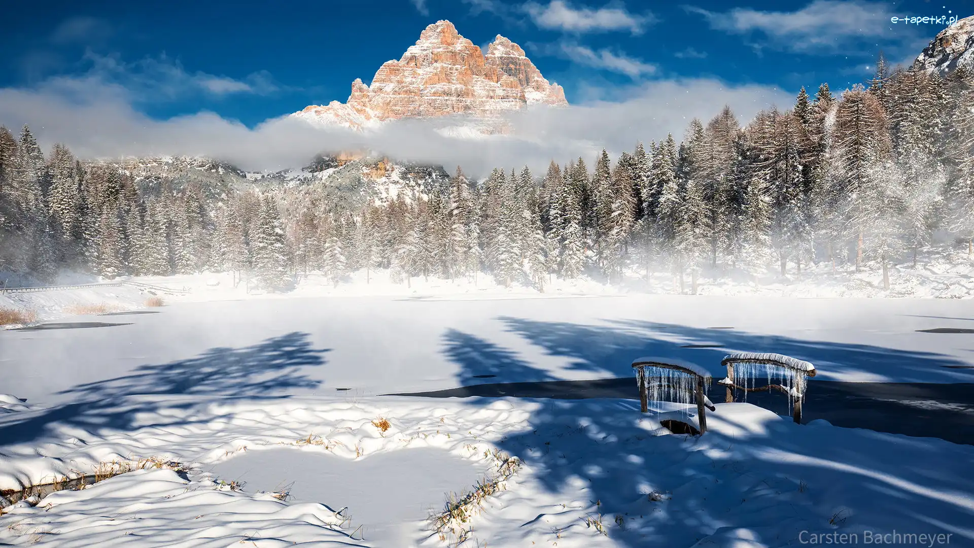 Masyw, Zima, Tre Cime di Lavaredo, Antorno Lake, Włochy, Mostek, Dolomity, Prowincja Belluno, Góry, Jezioro, Drzewa