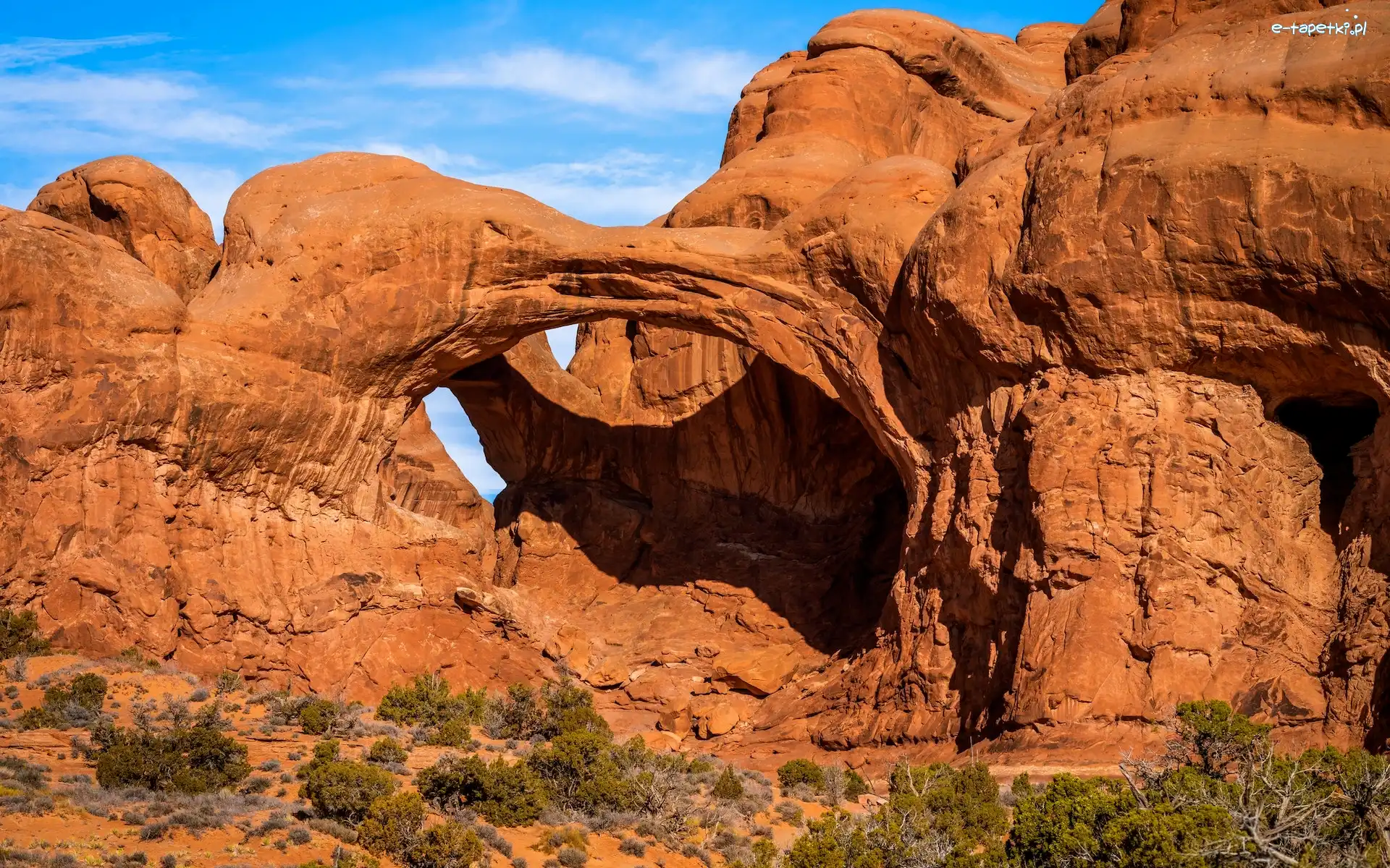 Łuk skalny, Park Narodowy Arches, Skały, Double Arch, Stan Utah, Stany Zjednoczone