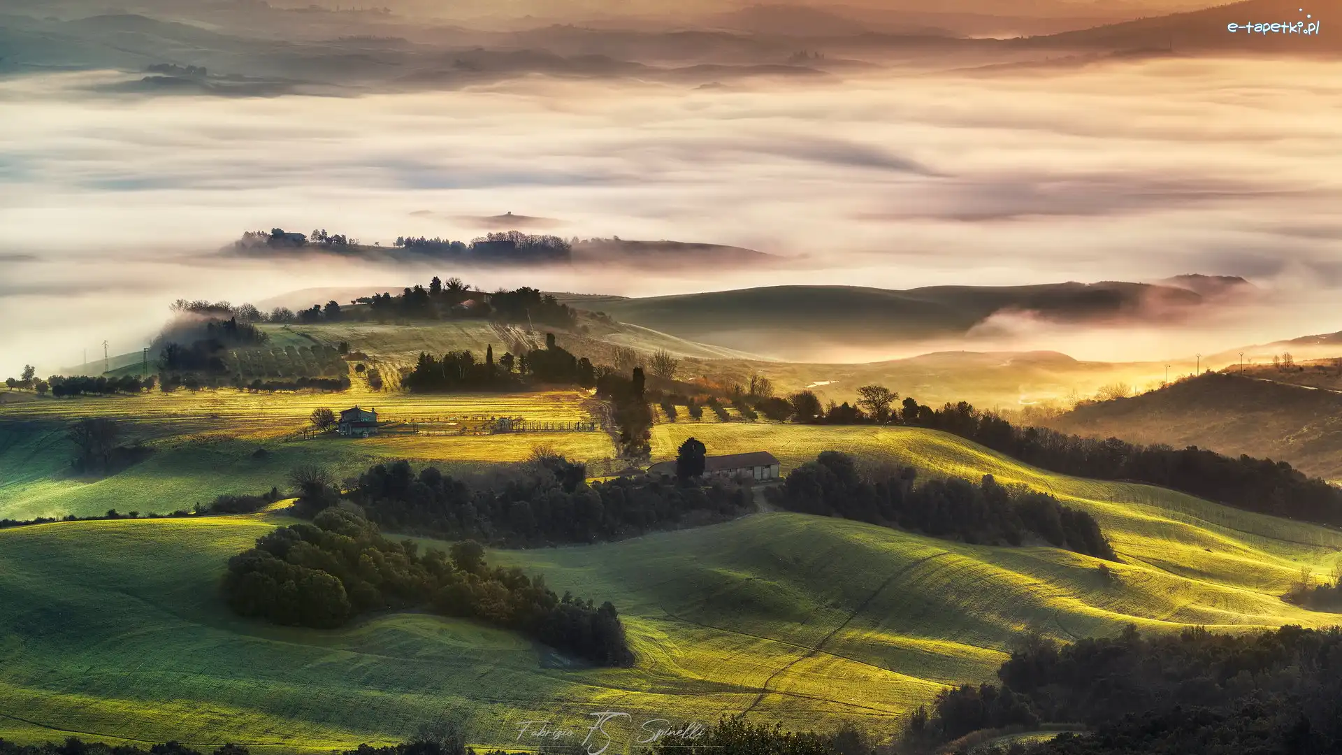 Wzgórza, Val di Cecina, Włochy, Toskania, Pola, Poranek, Mgła, Dolina