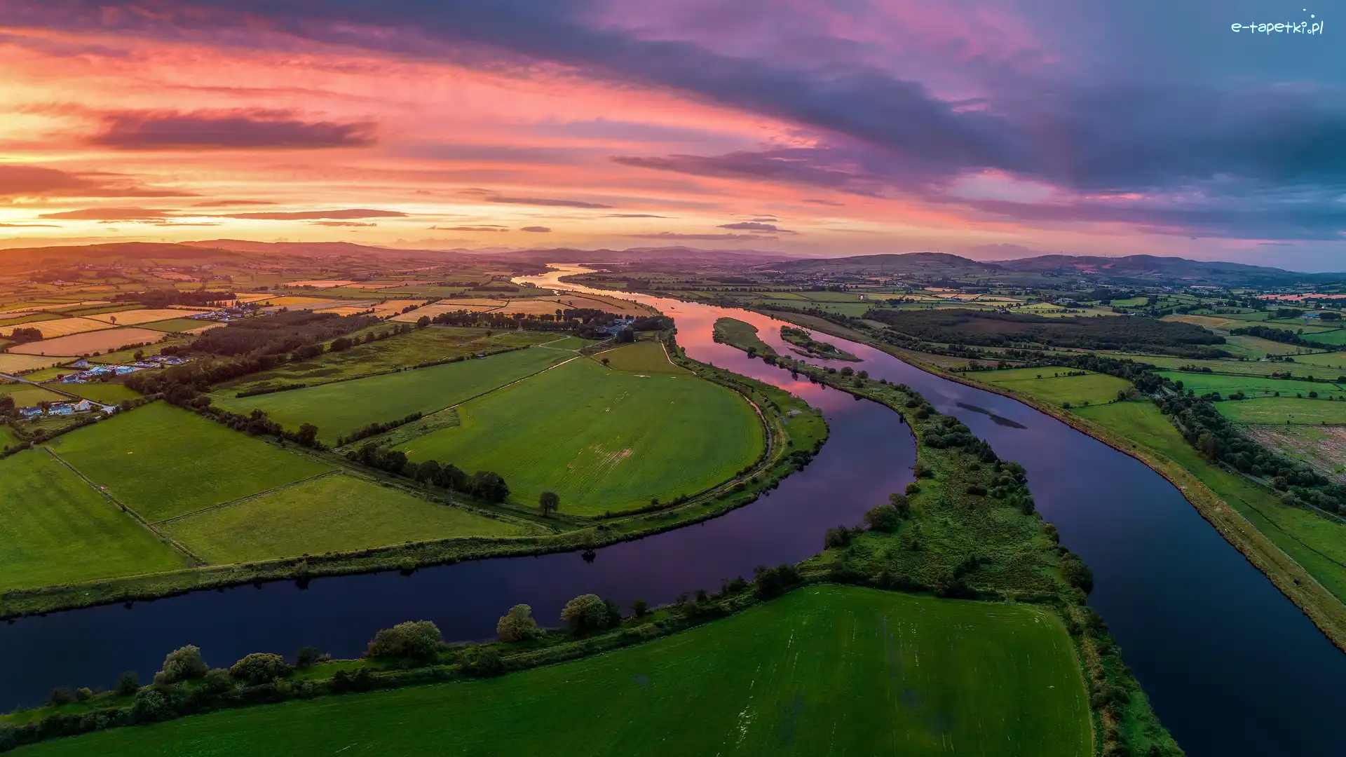 Irlandia Północna, Pola, Łąki, Foyle River, Rzeka, Clonleigh, Zachód słońca