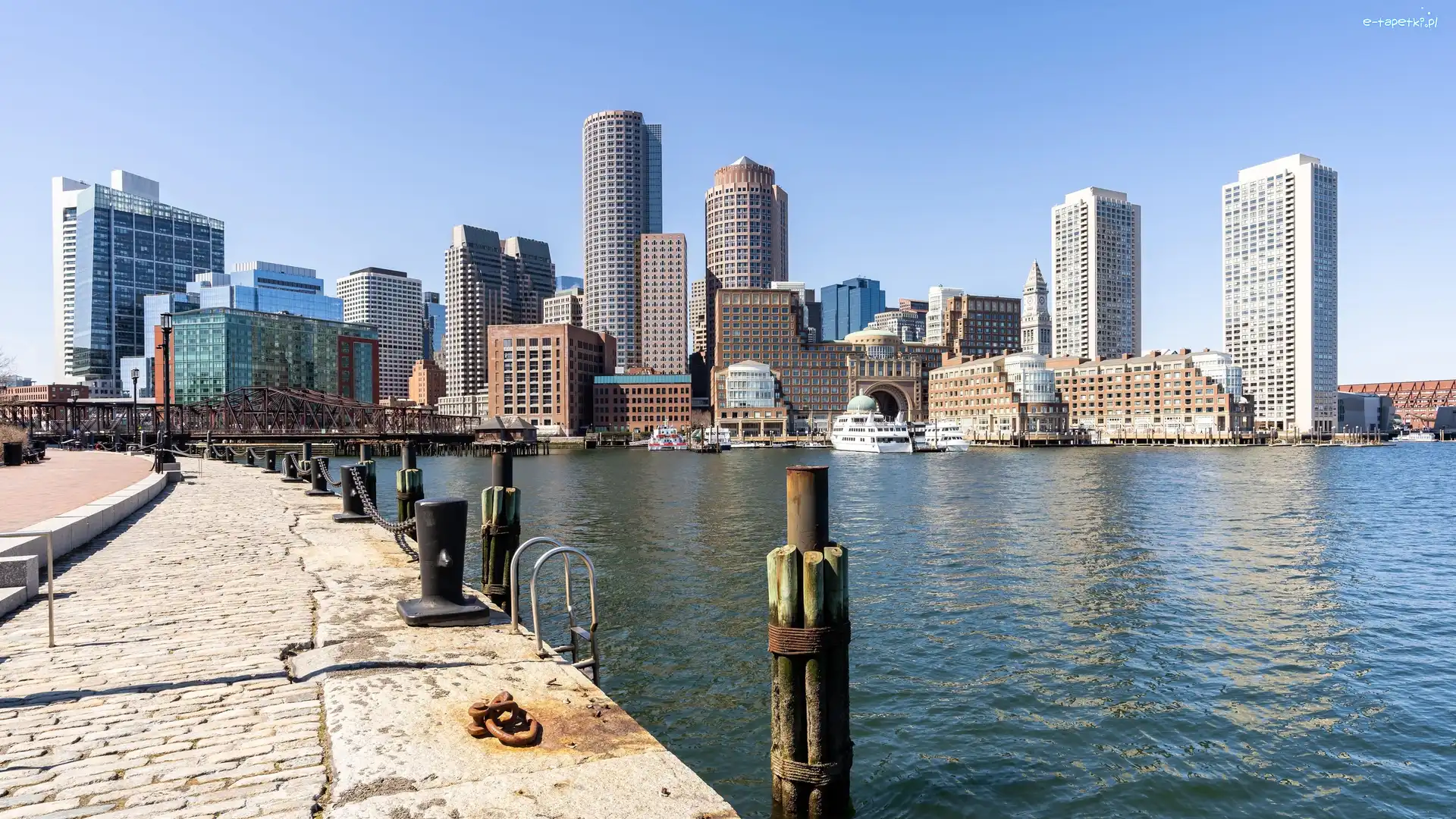 Panorama, Boston, Wybrzeże, Massachusetts, Stany Zjednoczone, Statki, Wieżowce