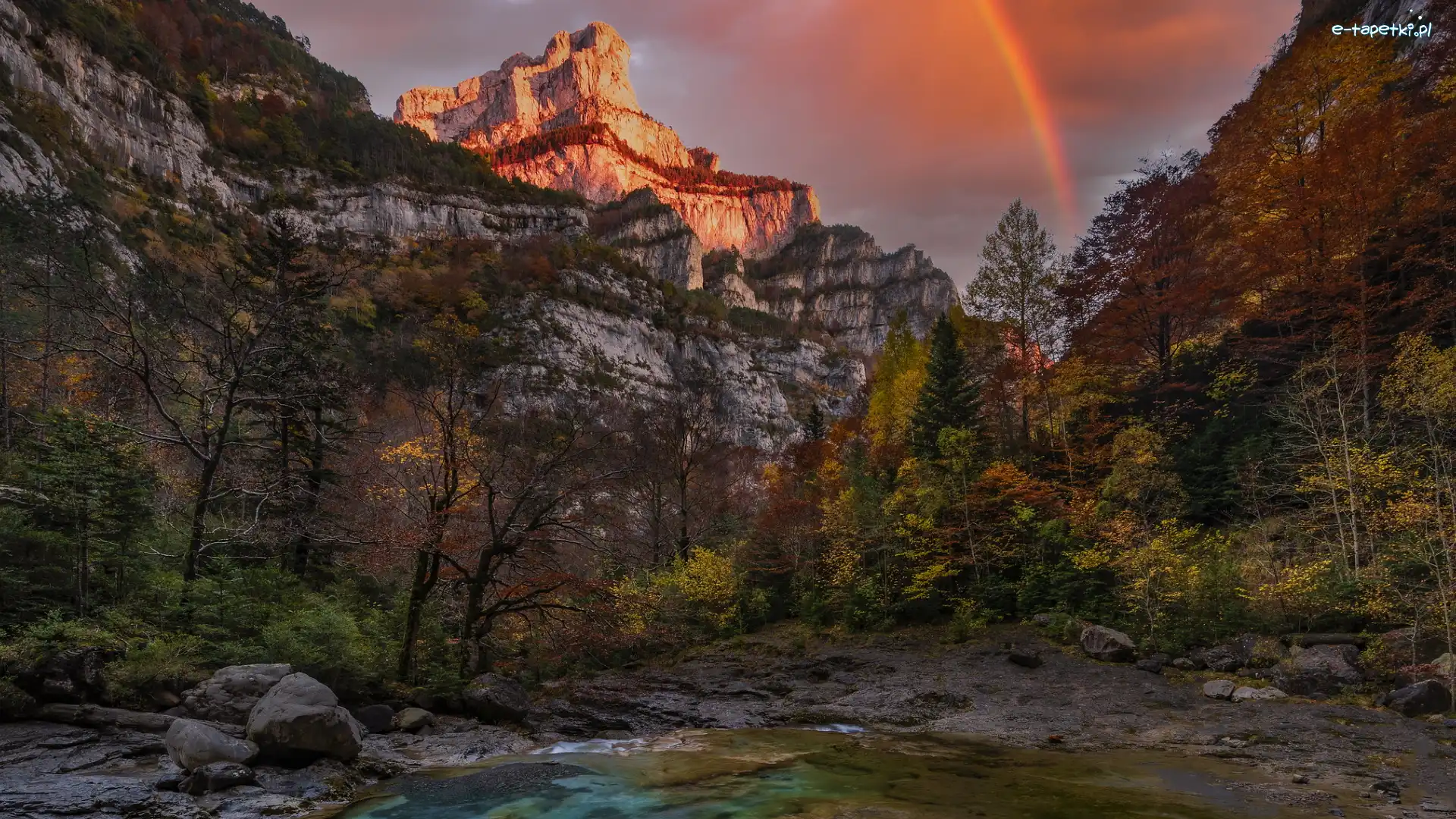 Drzewa, Pireneje, Hiszpania, Park Narodowy Ordesa y Monte Perdido, Wąwóz, Rzeka Bellos, Tęcza, Góry