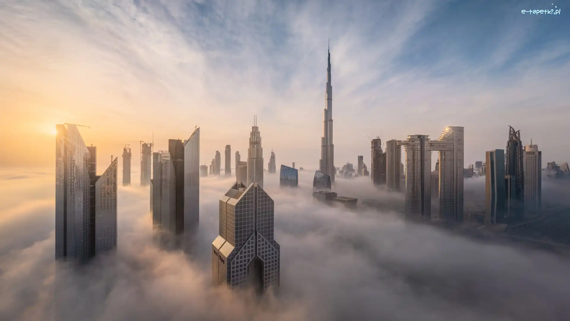 Dubaj, Drapacze chmur, Wieżowiec, Zjednoczone Emiraty Arabskie, Burj Khalifa, Mgła, Wschód słońca