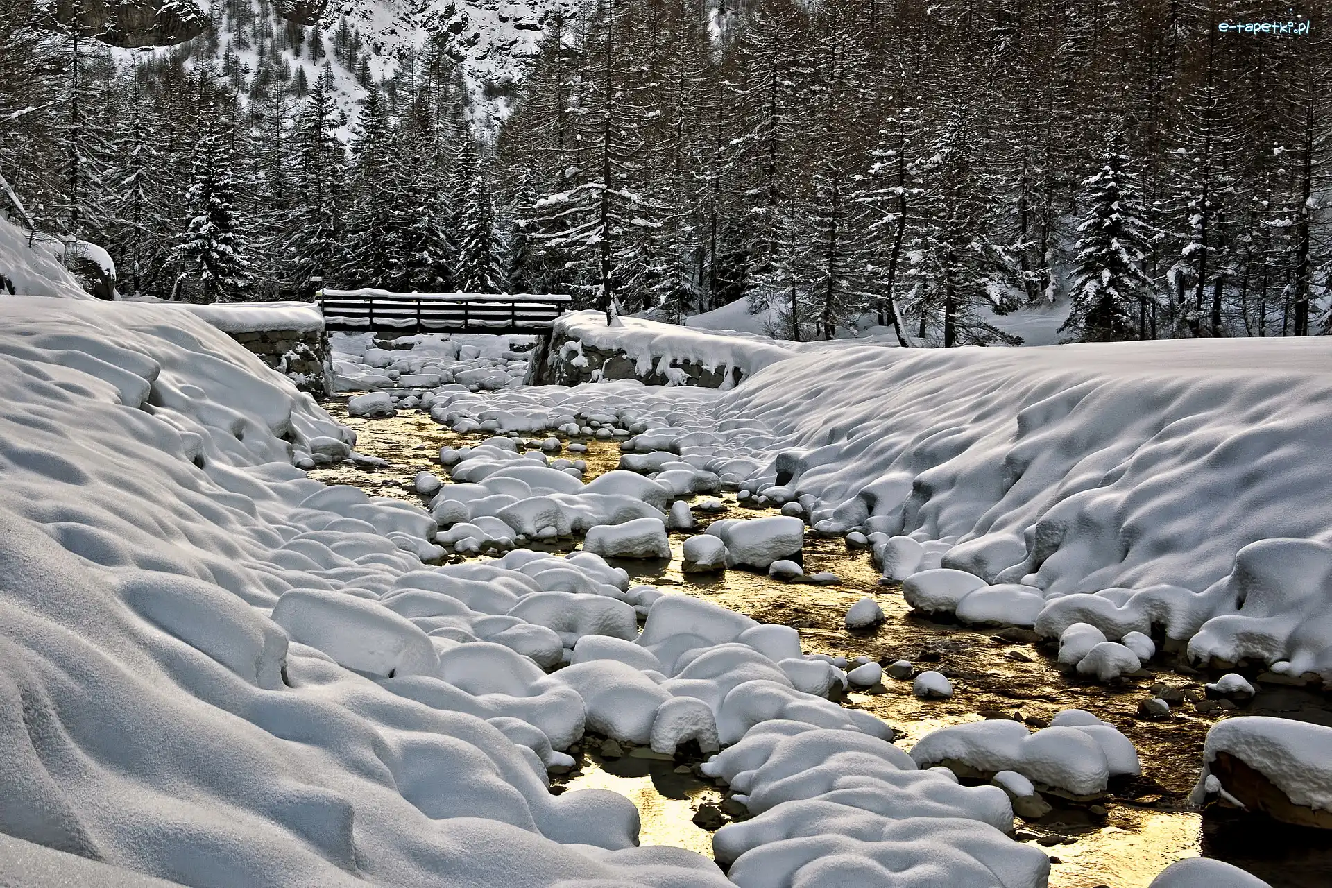 Kamienie, Potok, Mostek, Drzewa, Rzeczka, Zima