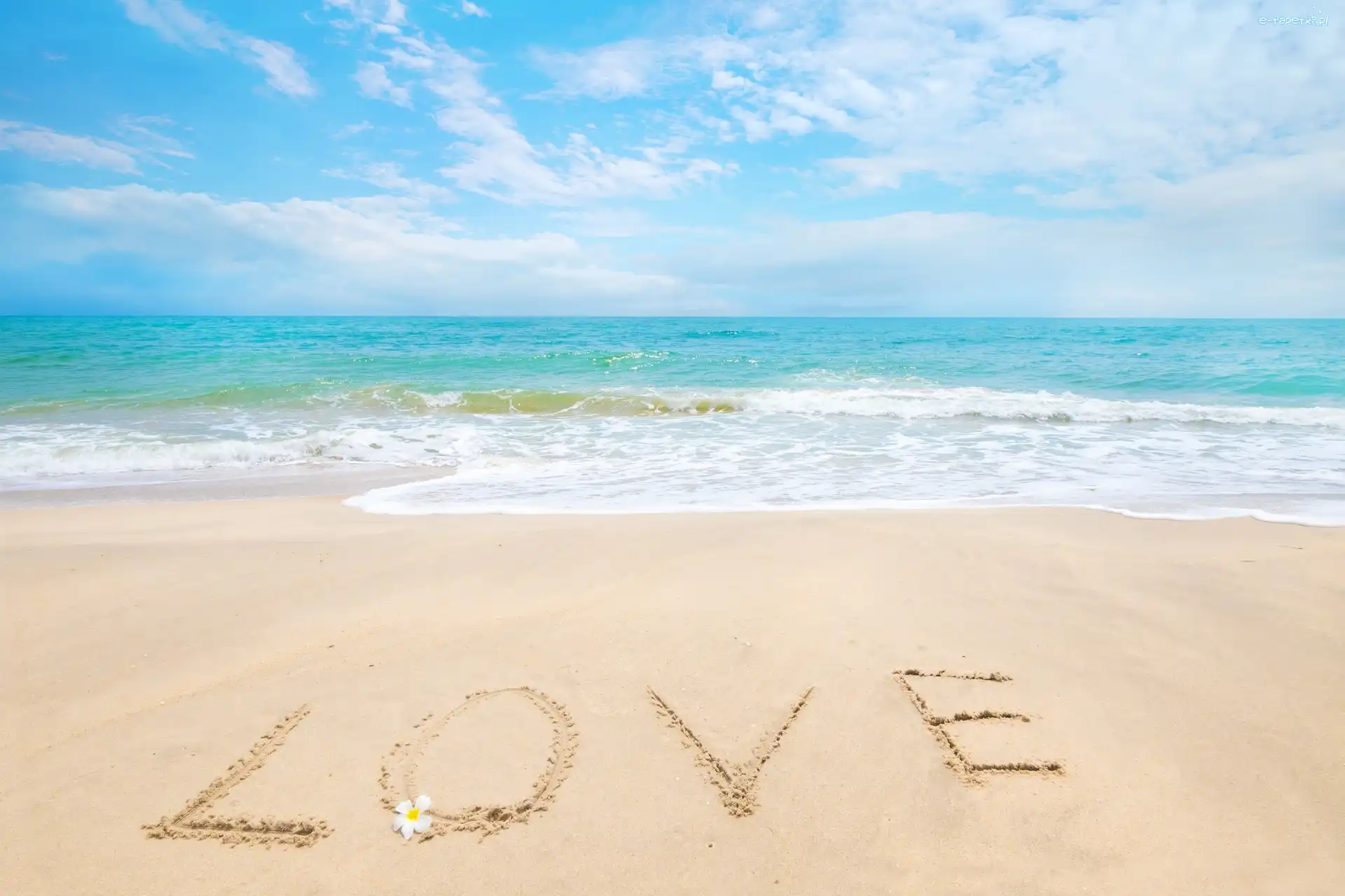 Niebo, Love, Kwiatek, Napis, Plaża, Fale, Morze