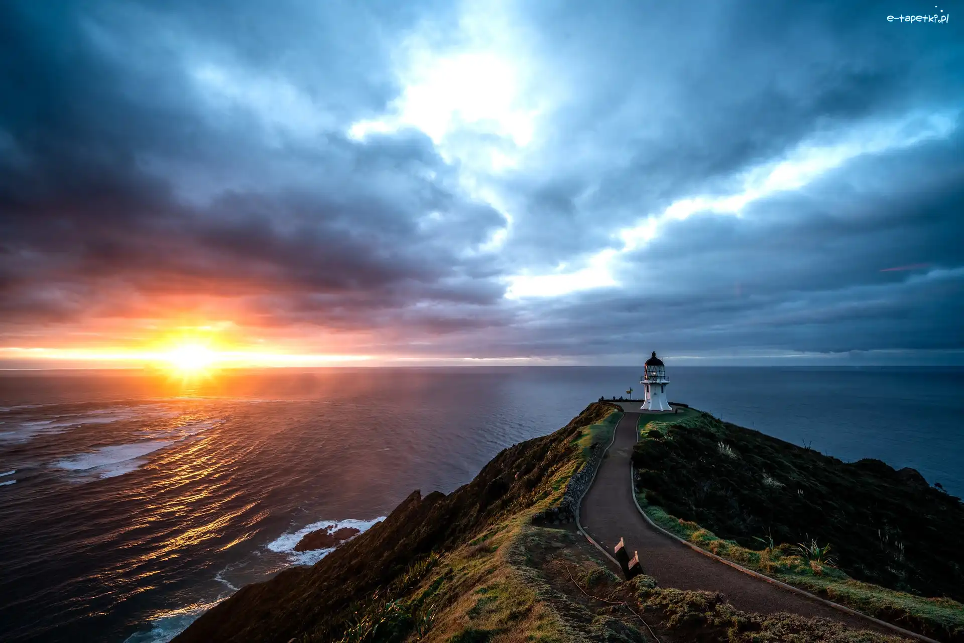 Przylądek Reinga, Cape Reinga Lighthouse, Nowa Zelandia, Cypel, Morze, Skała, Zachód słońca, Latarnia morska, Droga, Northland
