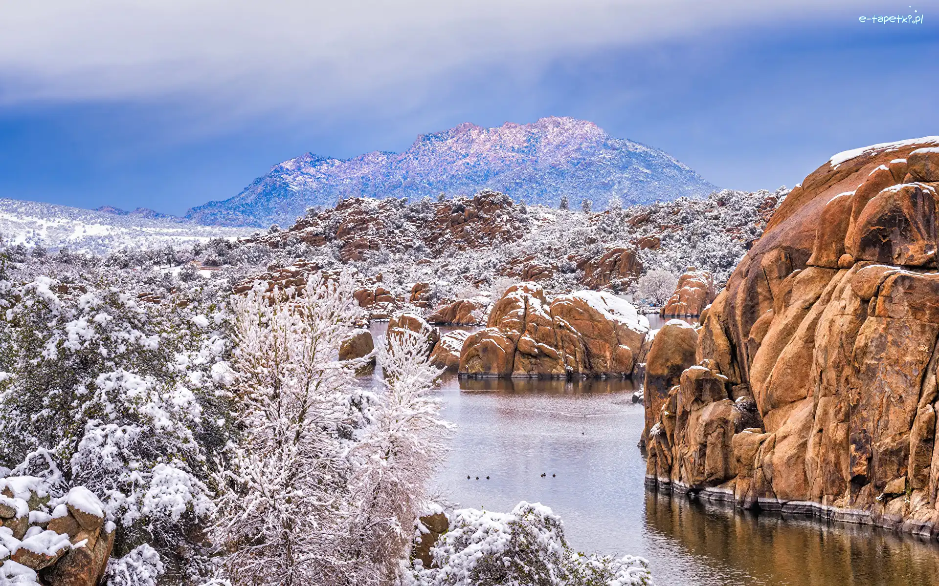 Śnieg, Watson Lake, Granite Dells, Skały, Góry, Stany Zjednoczone, Arizona, Jezioro, Prescott